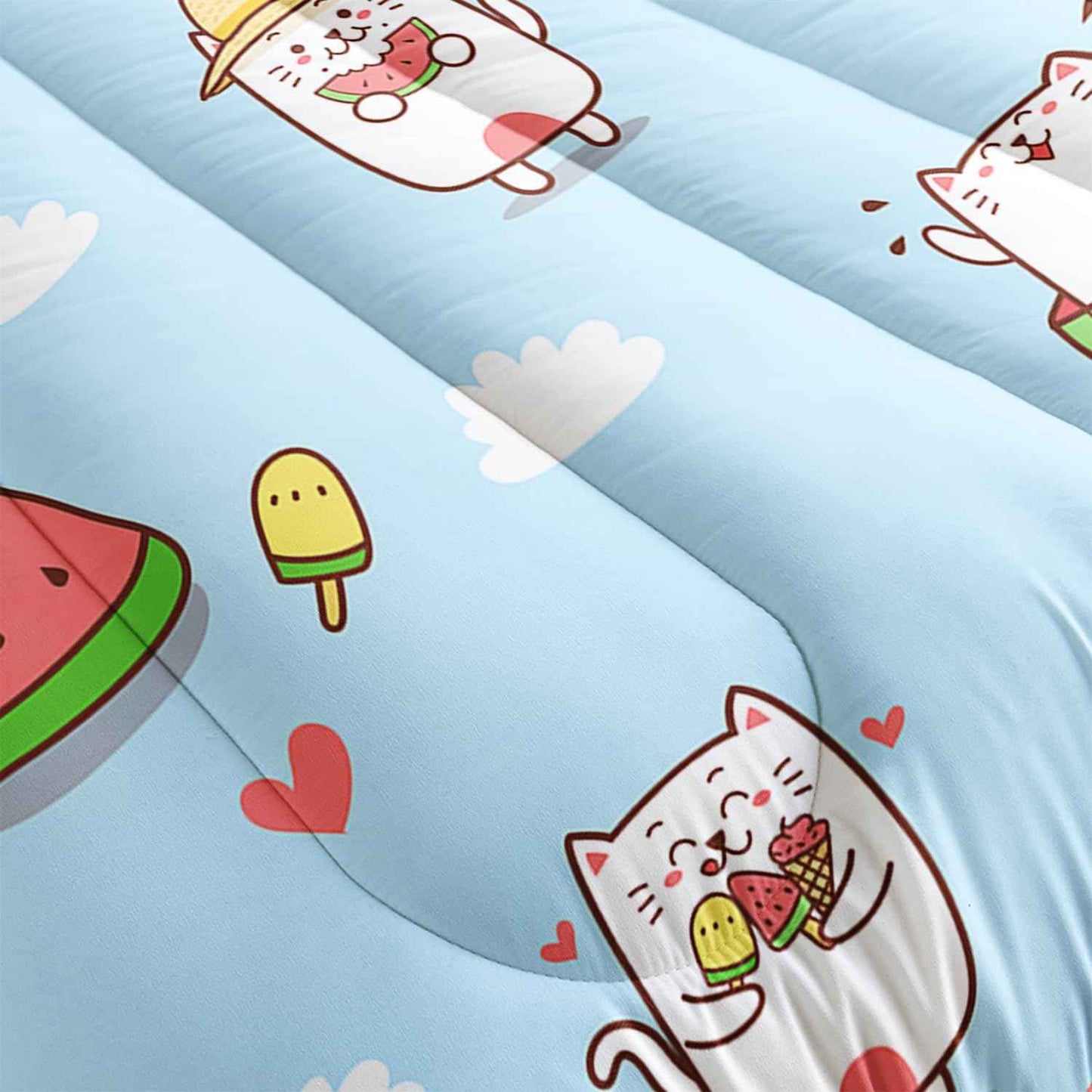 Kid Cartoon Cat Comforter 3Pcs Full Cute Kitten Ice-Cream Heart Bedding Kawaii Pet Cat Bedding Set for Teen Boy Girl Adult Cloud Watermelon Quilt Bed Decor with 1 Comforter and 2 Pillowcases