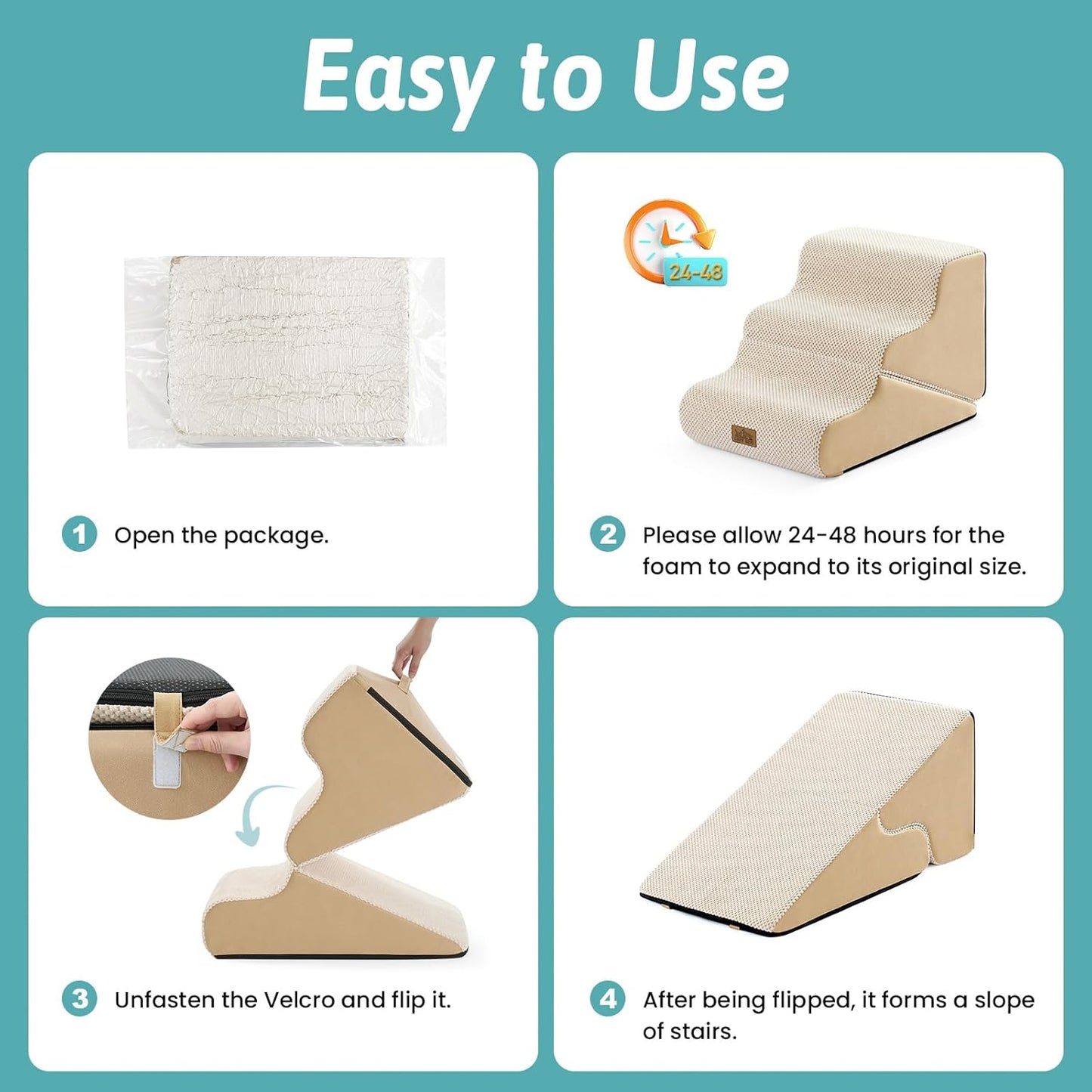 COZY KISS Dog Stairs for Small Dogs, 3-Step 2 in 1 Transformable Pet Stairs for Couch and Bed, 15.7" H Dog Steps for Old Cats, Puppy, Small Dogs (Beige, 15.7x22.4x15.7 in, 3.0)