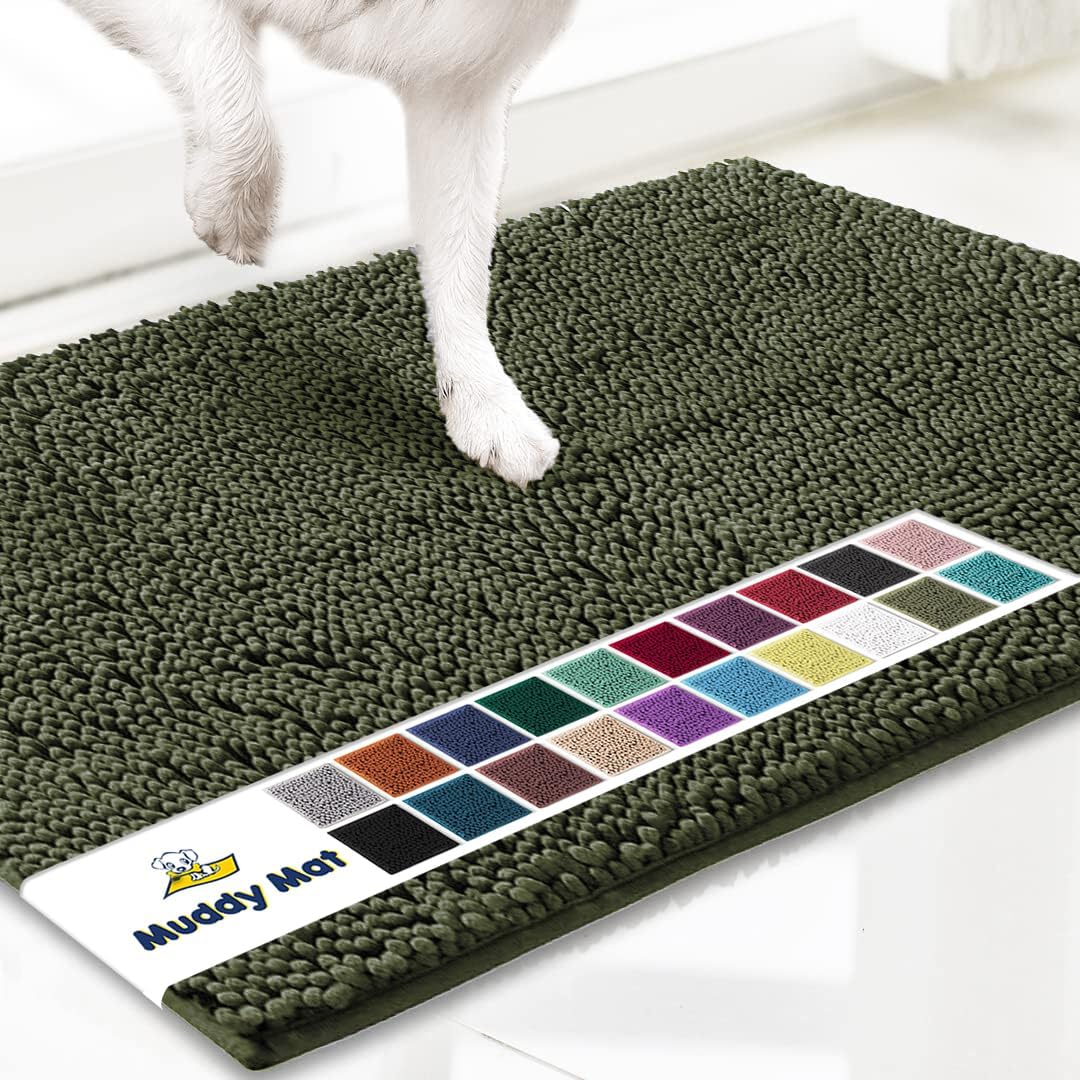 Muddy Mat® AS-SEEN-ON-TV Highly Absorbent Microfiber Door Mat and Pet Rug, Non Slip Thick Washable Area and Bath Mat Soft Chenille for Kitchen Bedroom Indoor and Outdoor - Army Green 24" x 96"