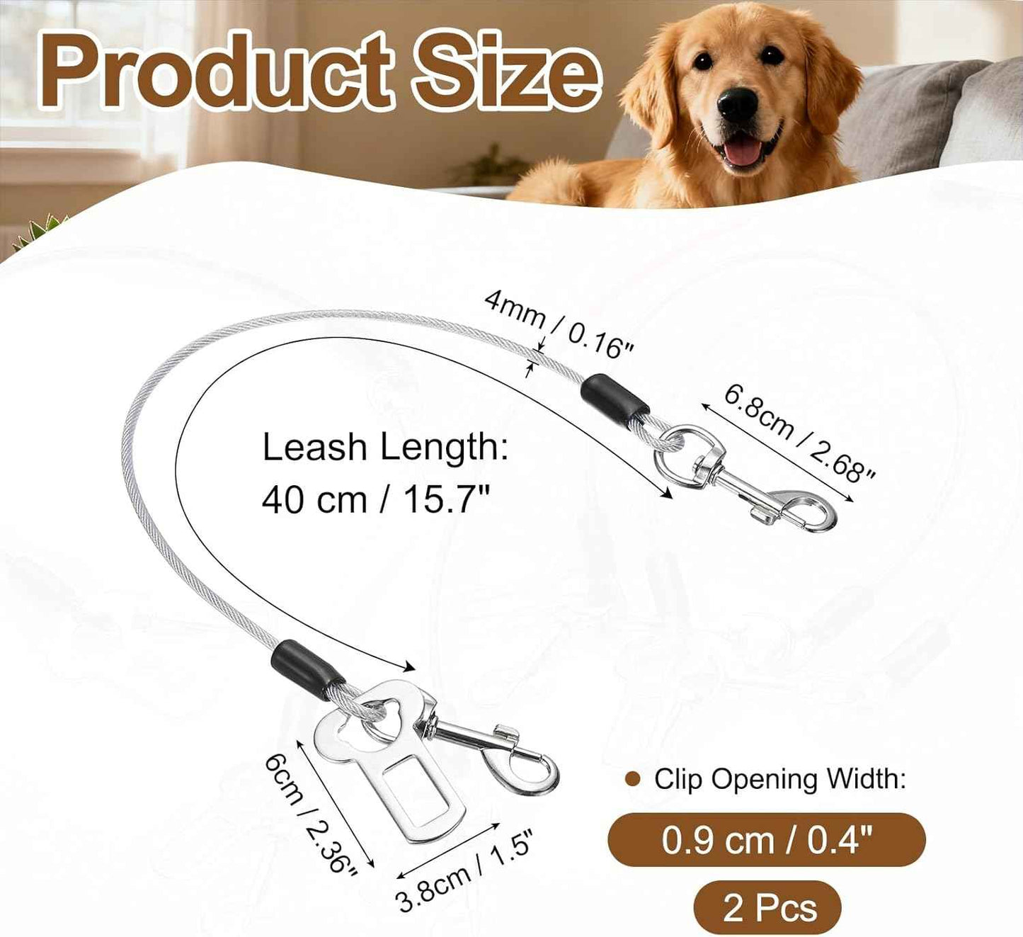 Chew Proof Dog Leash, 16 in Dog Seat Belt Harness with Double Clips Leash Extender Steel Braided Vehicle Tether, (Transparent, 2 Pcs), Intended for Pet Car Safety/Walking/Training