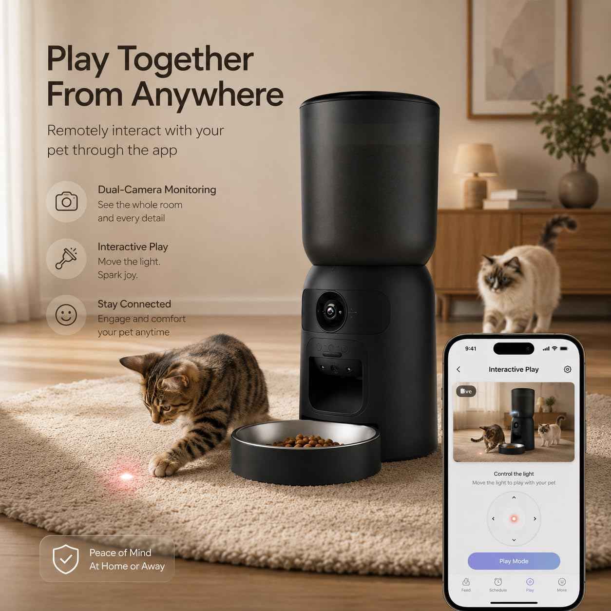Smart Pet Feeder with 2K Dual Camera & AI Recognition, 6L Automatic Cat Dog Feeder with App Control, 2.4G/5G WiFi, Voice Message, Pet Interaction, Motion Tracking, No Clog, Dual Power, for Multi-Pet