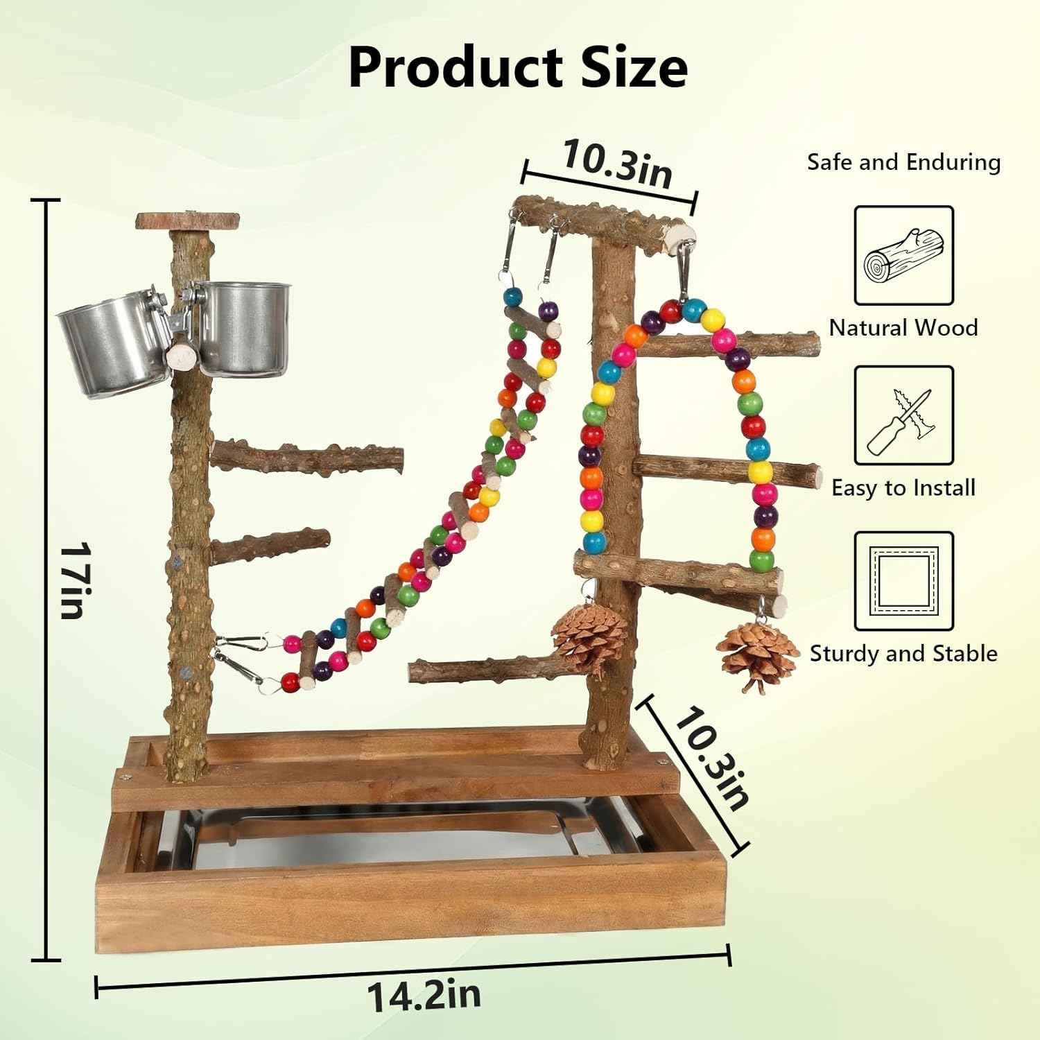 Wooden Bird Play Stand Parrots Playground Perch Stand with Bird Ladder Chewing Toys and 2 Stainless Steel Cups (Brown)