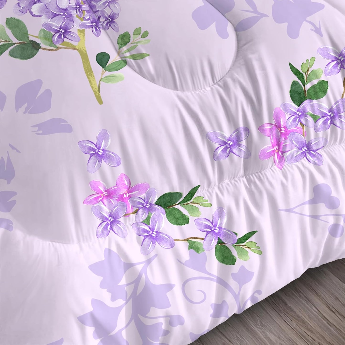 Floral Bedding Set Full : Purple Lilac Flower Comforter Set for Girls Women Kids Teens Bedroom Bed Bedspread Quilt,1 Comforter,2 Pillow Cases