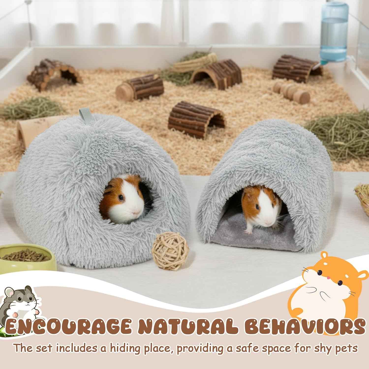 2 Pack Guinea Pig Hideout Bed with Tunnel, Large Soft Plush Cozy House, Washable Hideaway for Guinea Pigs and Small Animals(Style 1)