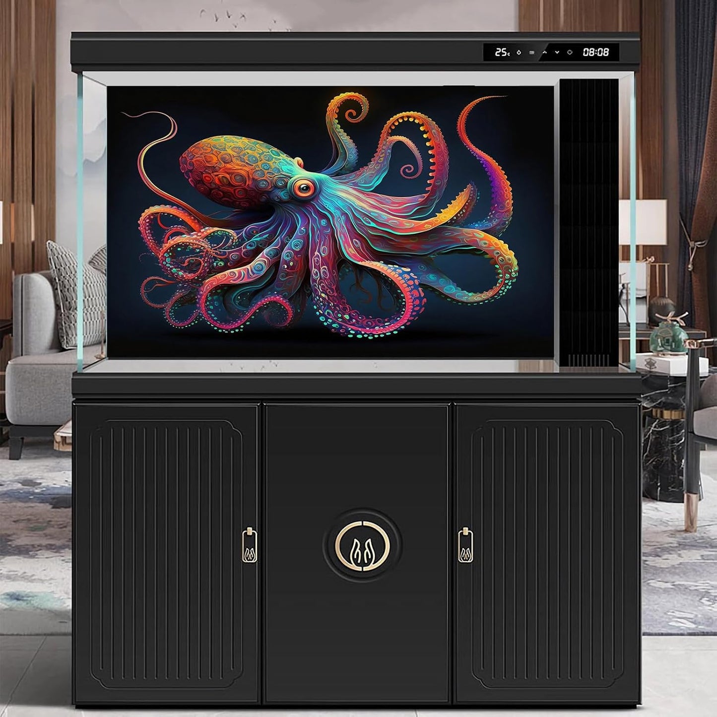Exquisite Octopus Aquarium Background Abstract Colorful Octopus Terrarium Background Glowing Octopus on Black Background Fish Tank Backdrop Octopus Backdrops Poster Wallpaper Decors Vinyl 36x18in