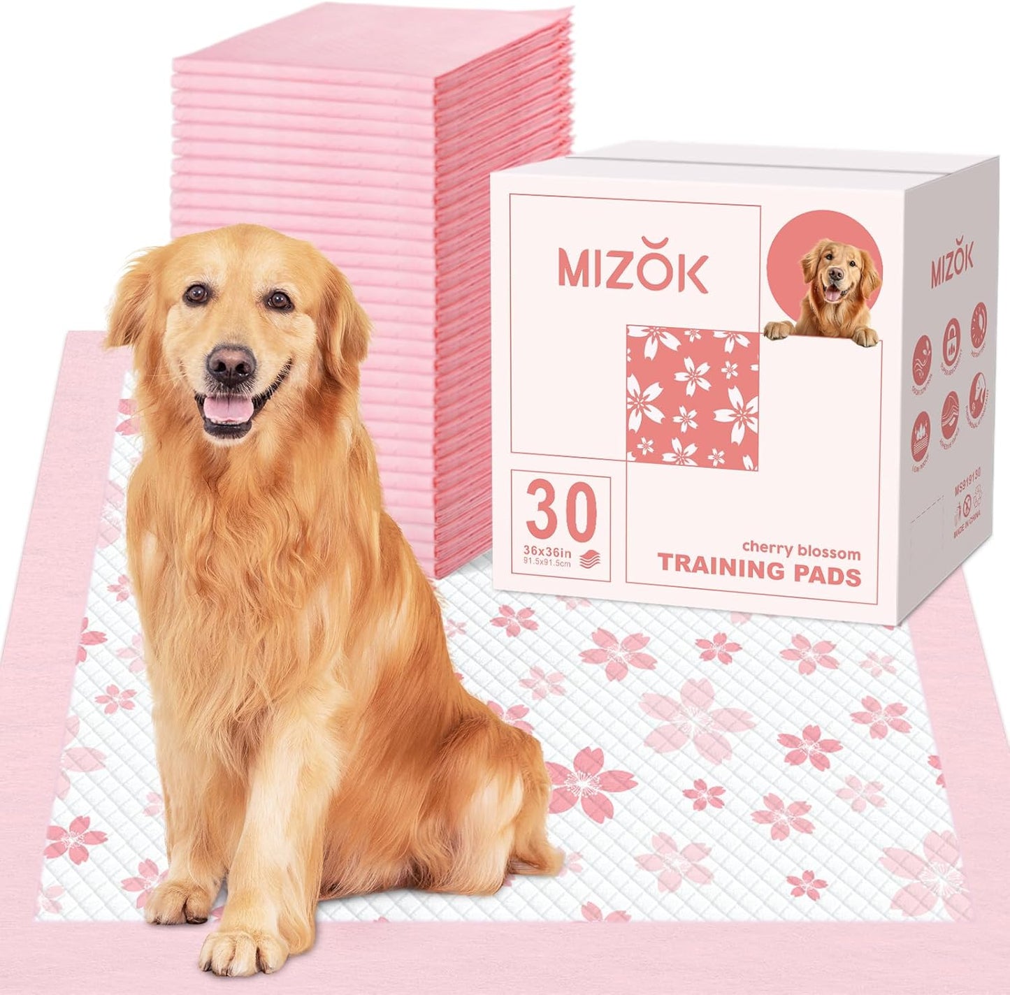 MIZOK 36x36 Puppy Pads Pink, Dog Pee Pads Leak-Proof with Quick-Dry Surface, Dog Pads Extra Large with Cherry Blossom Prints, Pee Pads for Dogs Super Absorbent (30 Count)