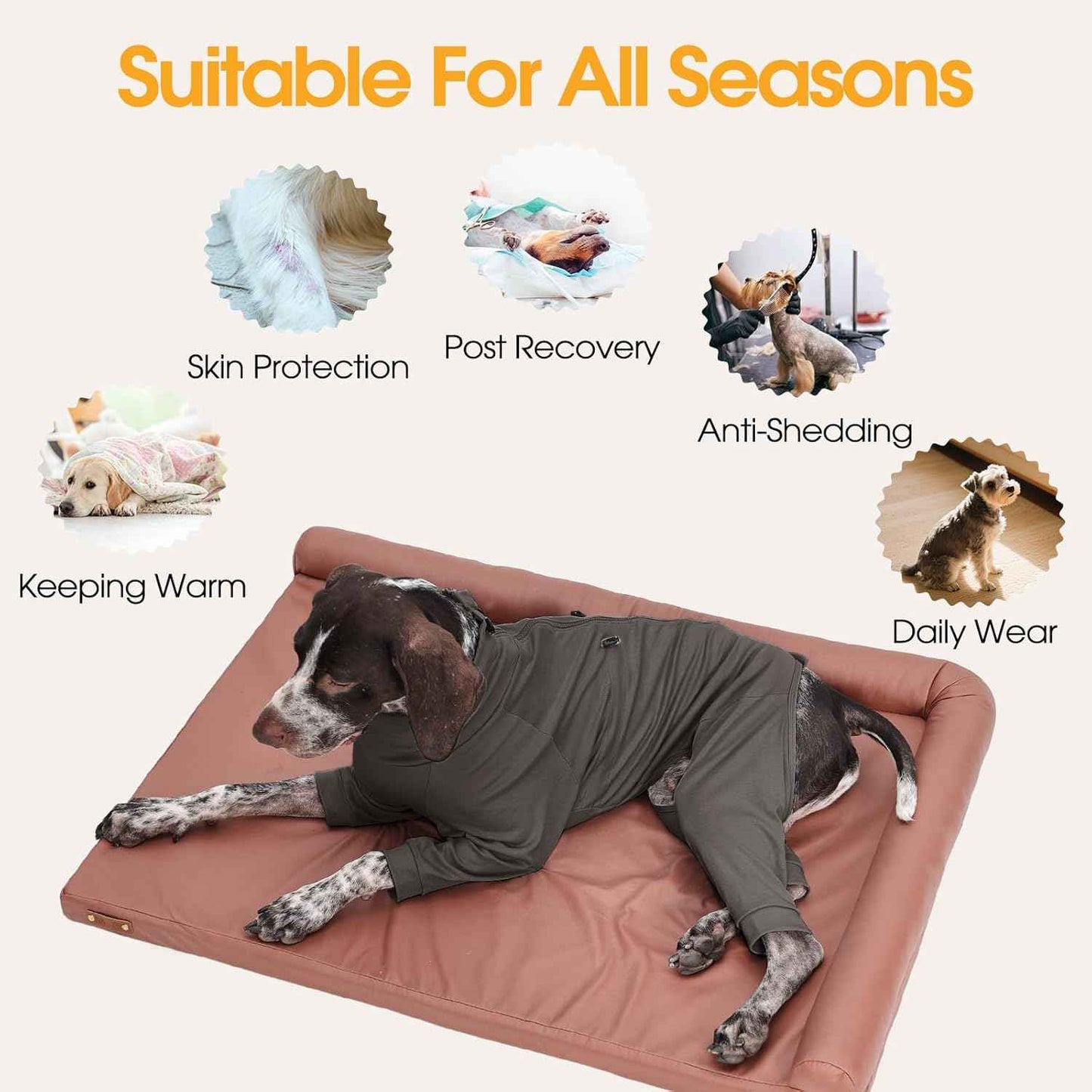 Medium Dog Pajamas with Back Zipper & Adjustable Drawstrings, Soft Dog Onesie Pjs, Easy On/Off Comfy Anti-Licking Dogs Outfits Jammies Shedding Suits, Beagle, Springer Spaniel, Grey L