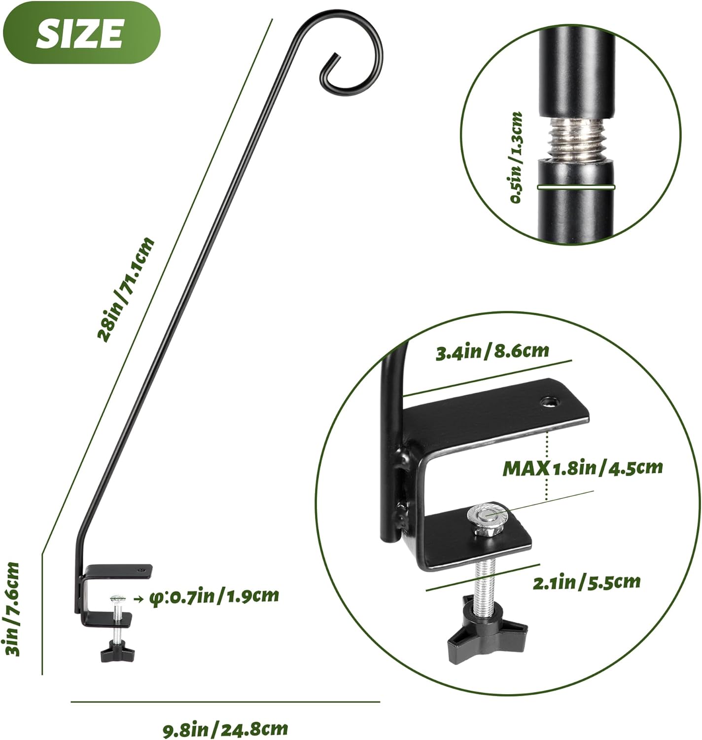MIXXIDEA 2 Packs Heavy Duty Deck Rail Pole Deck Hook, Extensible and Adjustable Deck Hook for Hanging Bird Feeder, Plants, Suet Baskets,Wind Chimes,Lanterns