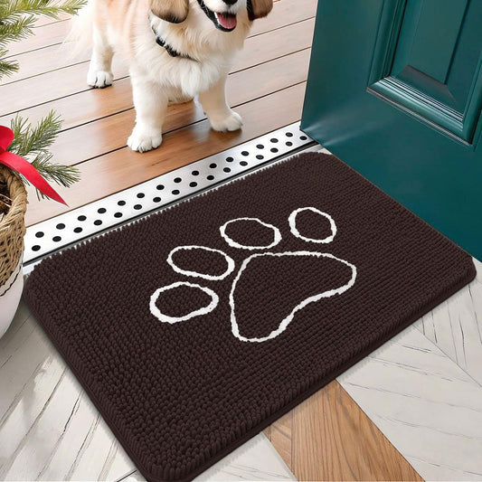 OLANLY Door Mat for Muddy Dog Paws 24x16, Ultra Absorbent Chenille Mud Doormat with Paw Print Design, Non-Slip Washable Doormat for Indoor Entryway, Quick-Dry Pet Bed Mats for Dirty Dogs, Brown