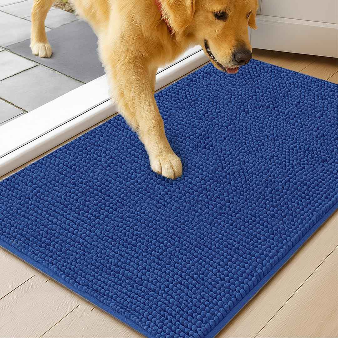MudGuard Mat™ Dog Door Mat for Muddy Paws, Super Absorbent Microfiber, Non-Slip Indoor Mat, Quick Dry Chenille Mud Mat for Dogs & Entryway, Washable, Navy Blue 19" x 30"