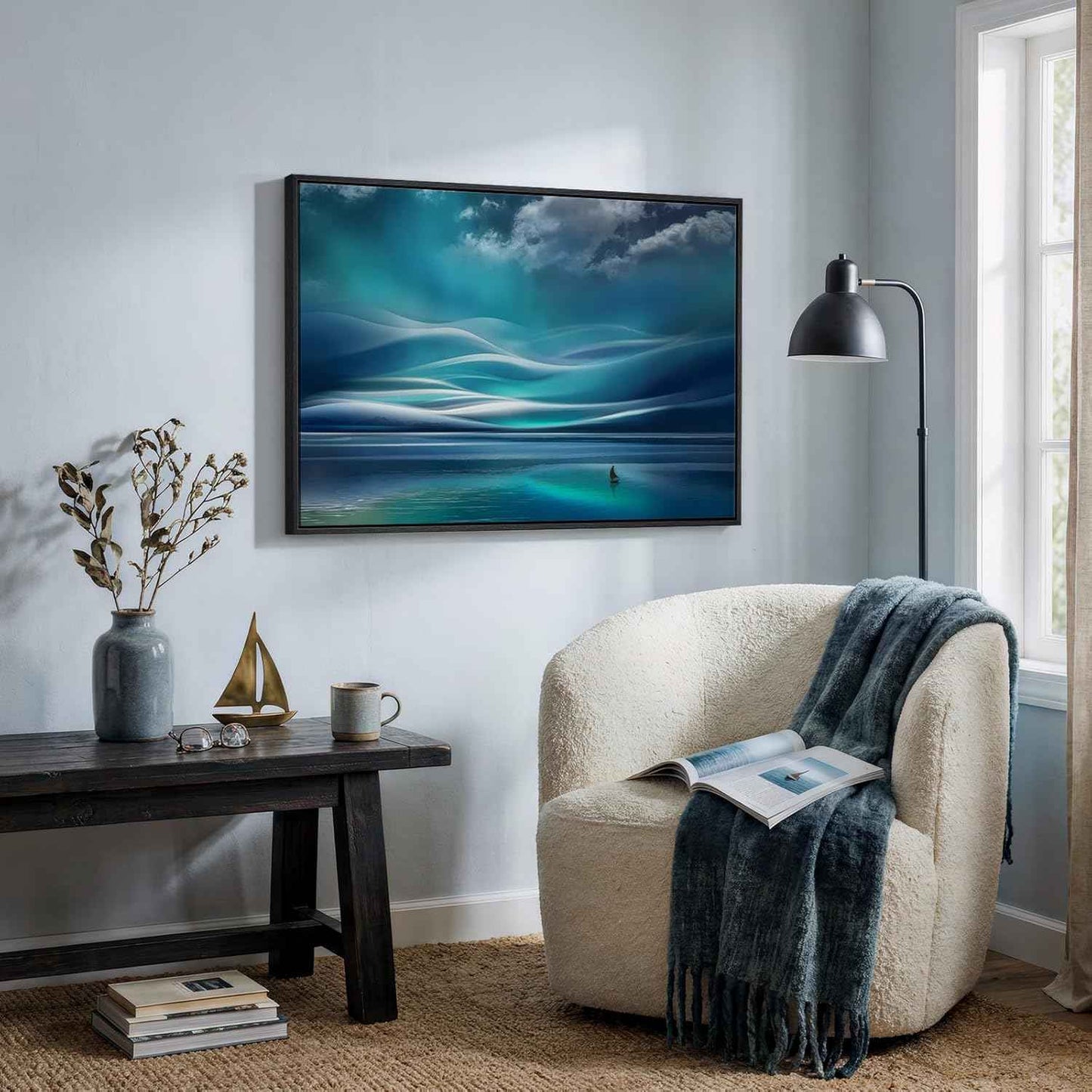 Black Framed Coastal Sailboat Canvas Wall Art, Teal Ocean Landscape Prints Paintings Artwork for Walls, Nautical Wall Decor for Bedroom, Dining Room, Bathroom, Office, Kitchen, Living Room 24x36 In