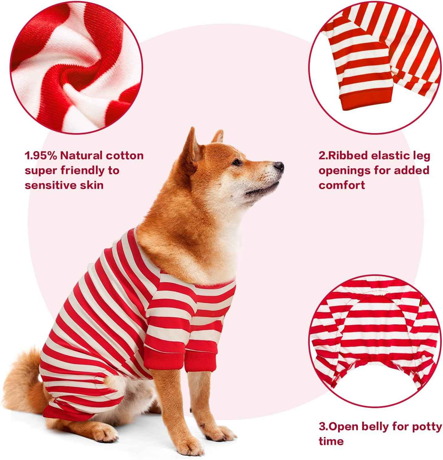 Dog Pajamas, Christmas Onesie PJS for Dog Boy Girl, Doggie Jumpsuit, Puppy Christmas Clothes for Pitbull Bulldog, Red and White Striped, M