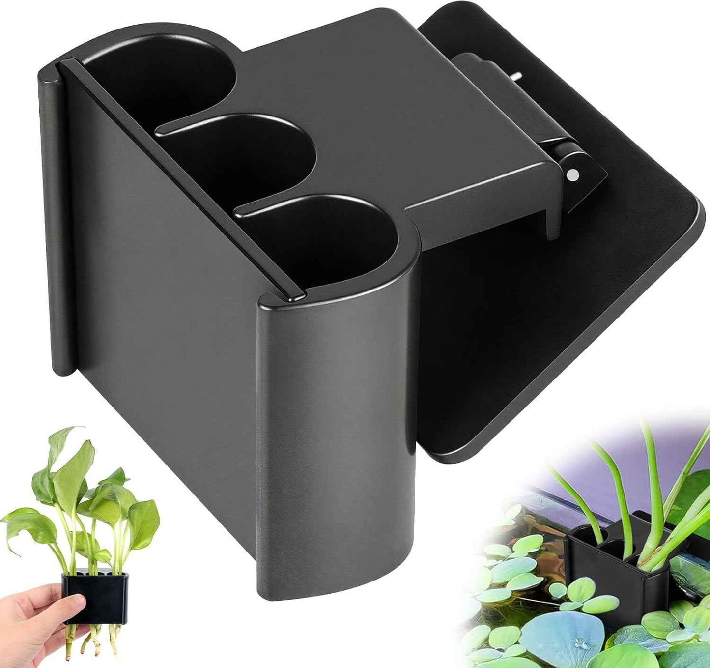 sogiv 3 Holes Aquatic Plant Cups, Hanging Aquarium Plant Holder, for Fish Tank Plants Potting, Aquascape Accessories Decorations, Black, 1 Pcs
