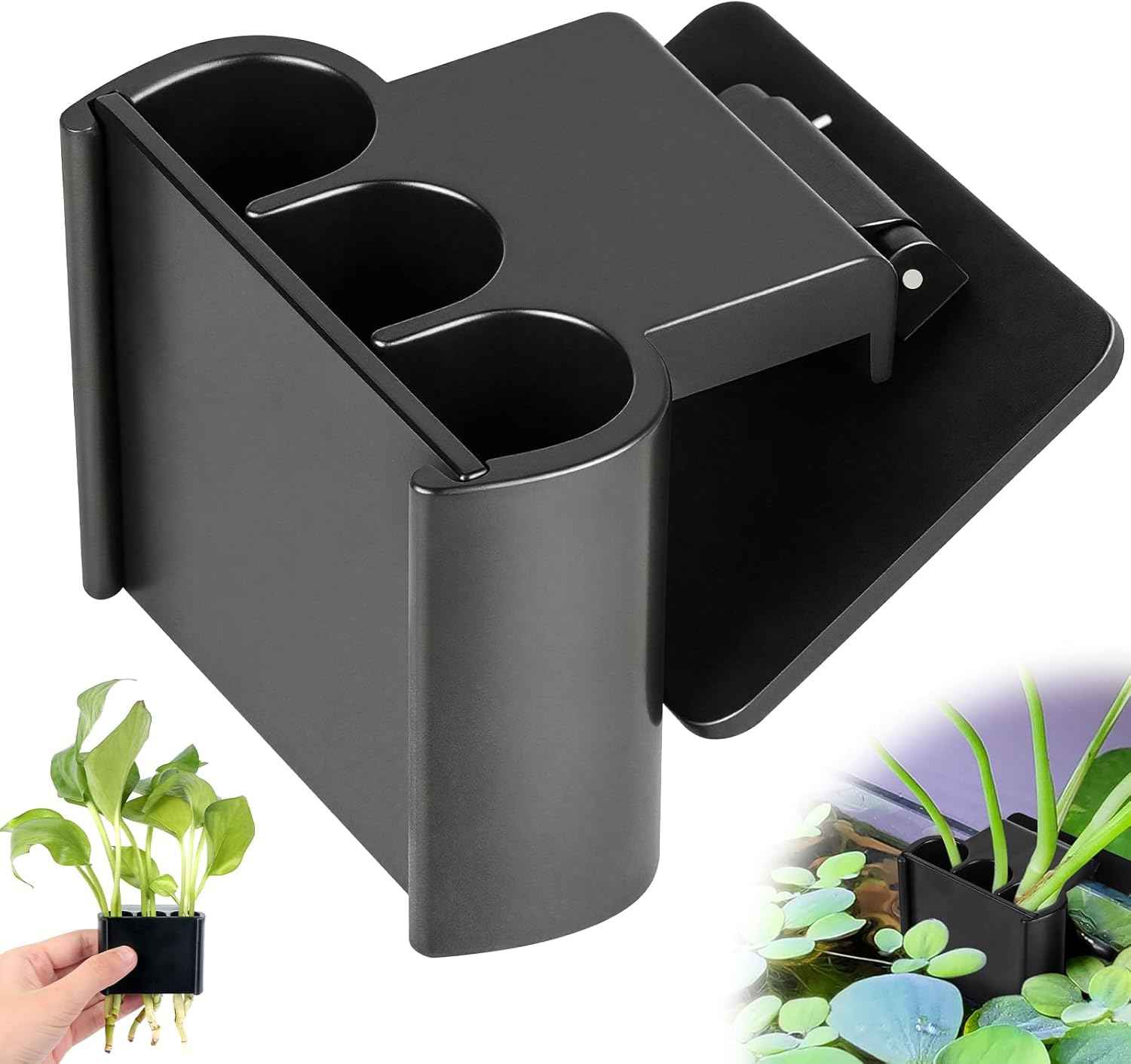 sogiv 3 Holes Aquatic Plant Cups, Hanging Aquarium Plant Holder, for Fish Tank Plants Potting, Aquascape Accessories Decorations, Black, 1 Pcs