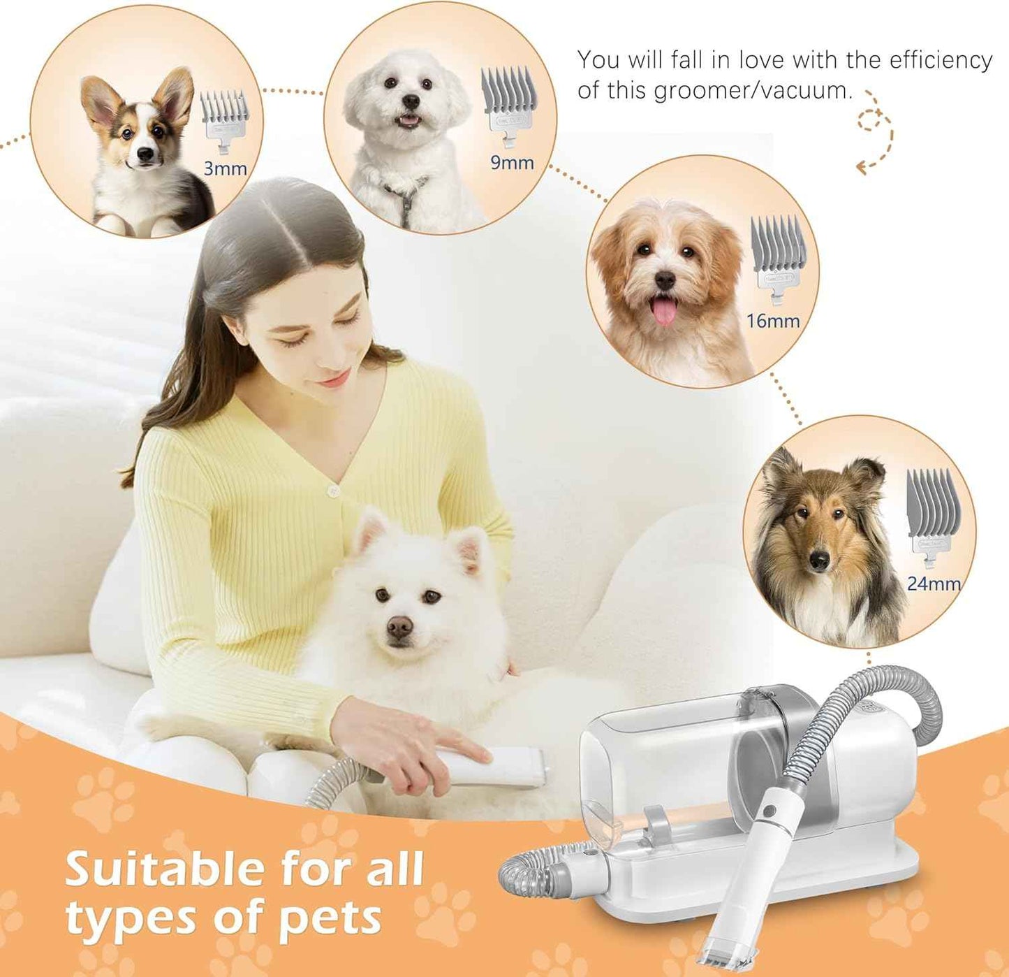 Dog Grooming Vacuum, Pet Grooming Vacuum Kit 2.3L Suction 99% Pet Hair with 5 Tools for Dog Cat for Shedding Grooming, Low Noise (Grey & White)