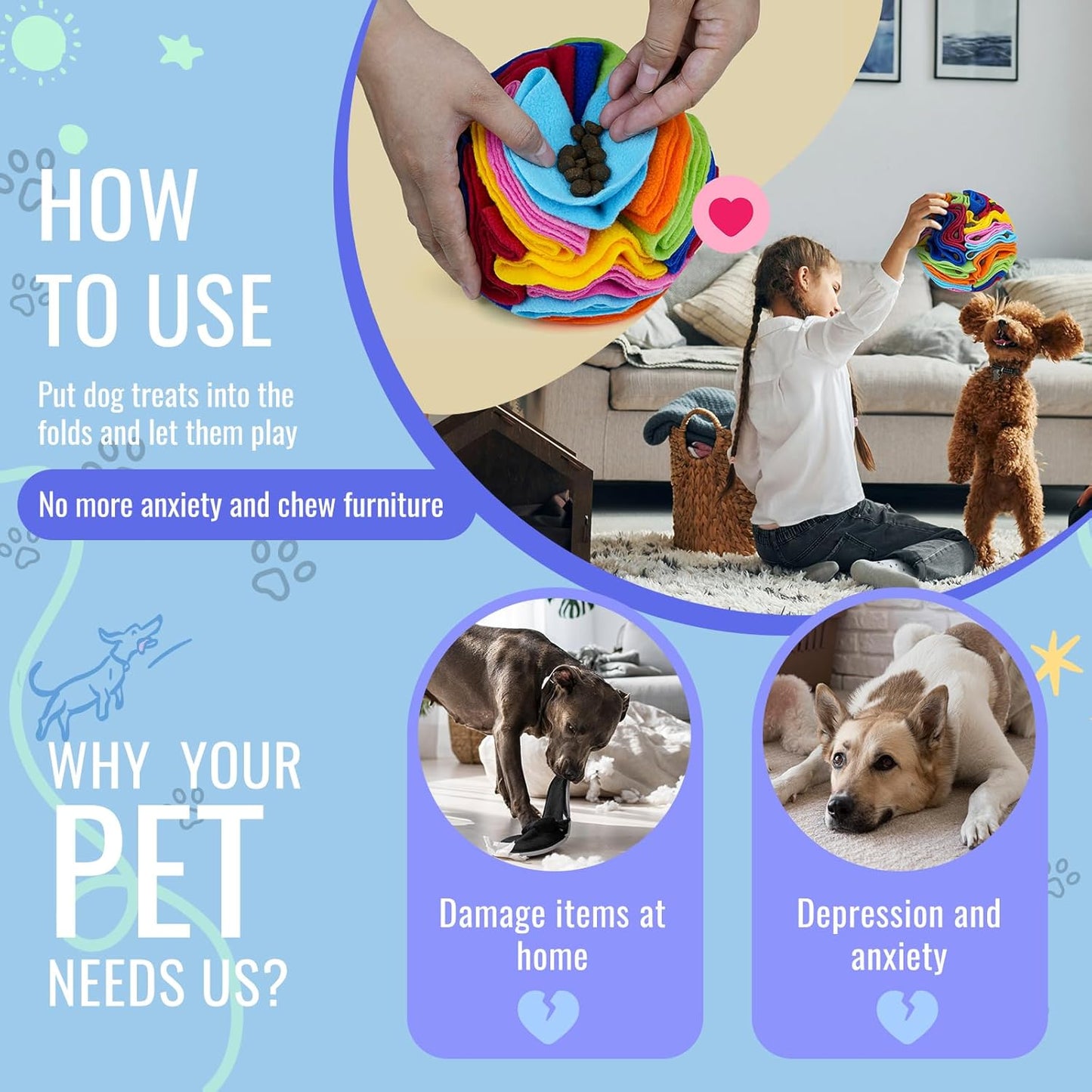 Pet Snuffle Ball, Puzzle Sniffing Interactive Dog Ball for Blind Dogs Training Stress Relief Dog Enrichment Toys Treat Machine Washable (Rainbow Color Upgrade, 10cm)