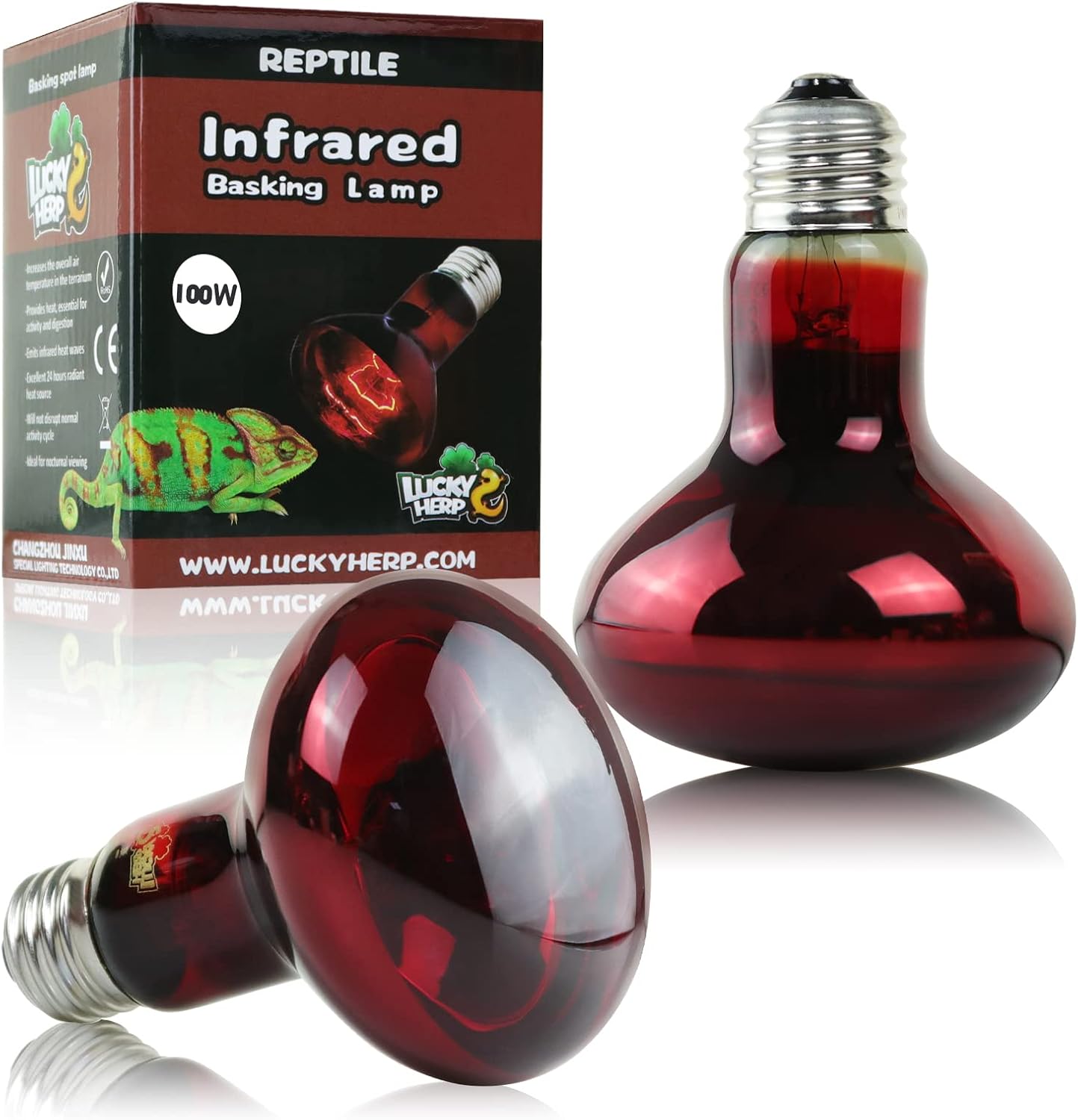 LUCKY HERP 100W Reptile Heat Lamp Bulb 2 Pack, Amphibian Infrared Basking Spot Light Bulb, Red Heat Lamp Bulbs for Reptiles, for Turtle, Bearded Dragon, Lizard, etc