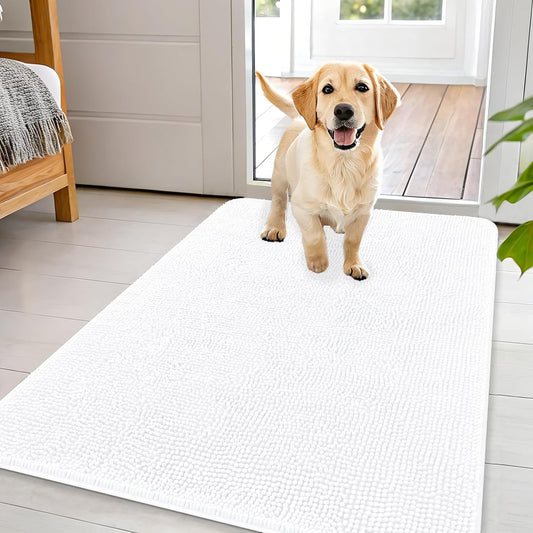 OLANLY Dog Door Mat for Muddy Paws 44x32, Absorbs Moisture and Dirt, Absorbent Non-Slip Washable Doormat, Quick Dry Chenille Mud Mat for Dogs, Entry Indoor Entryway Carpet for Inside Floor, White