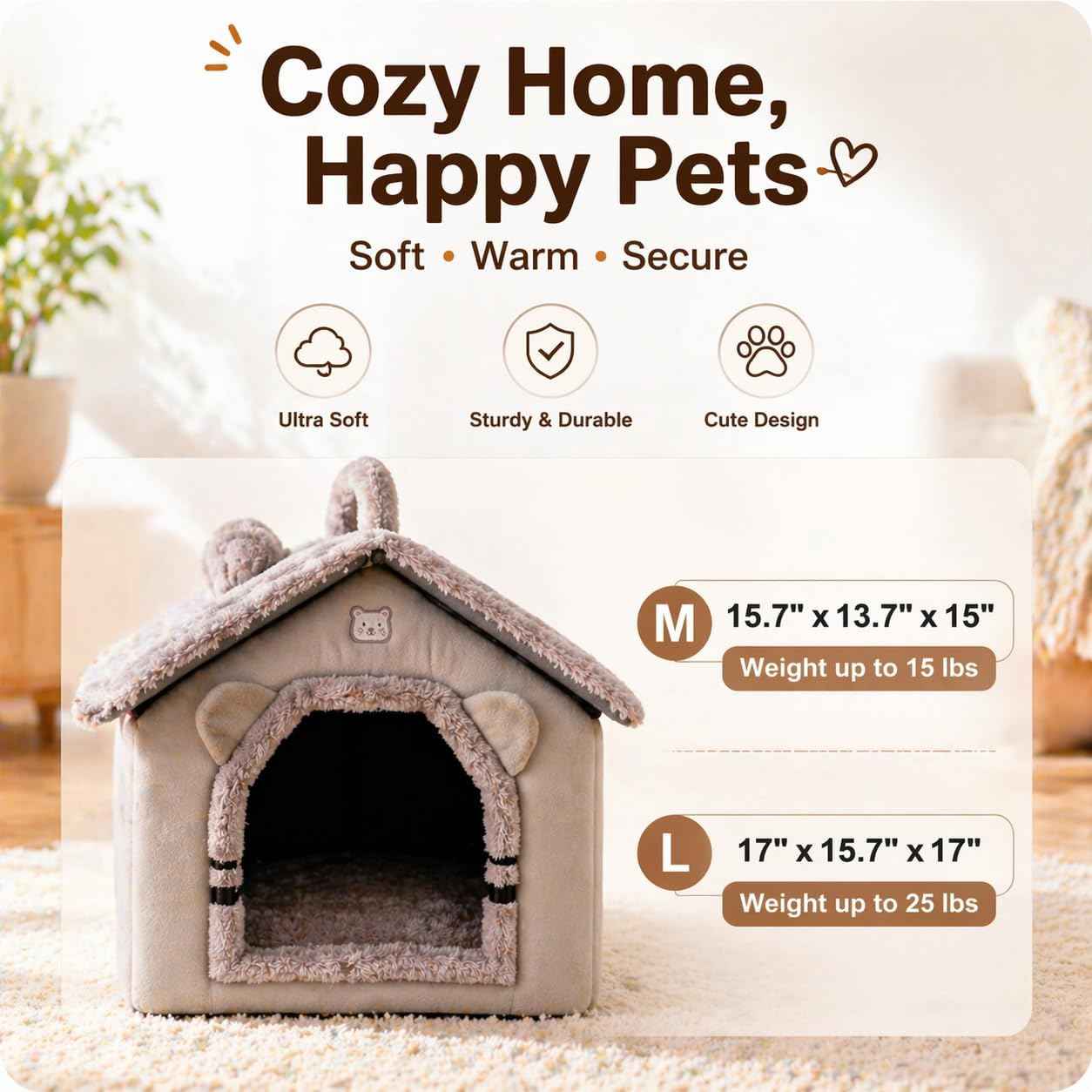 Cat Bed for Indoor Cats, Cartoon Pattern Cat Cave Bed with Handle Design, Soft Cat Hideaway Indoor, Lovely Cat House for Kitten, Puppy & Small Pets (M)