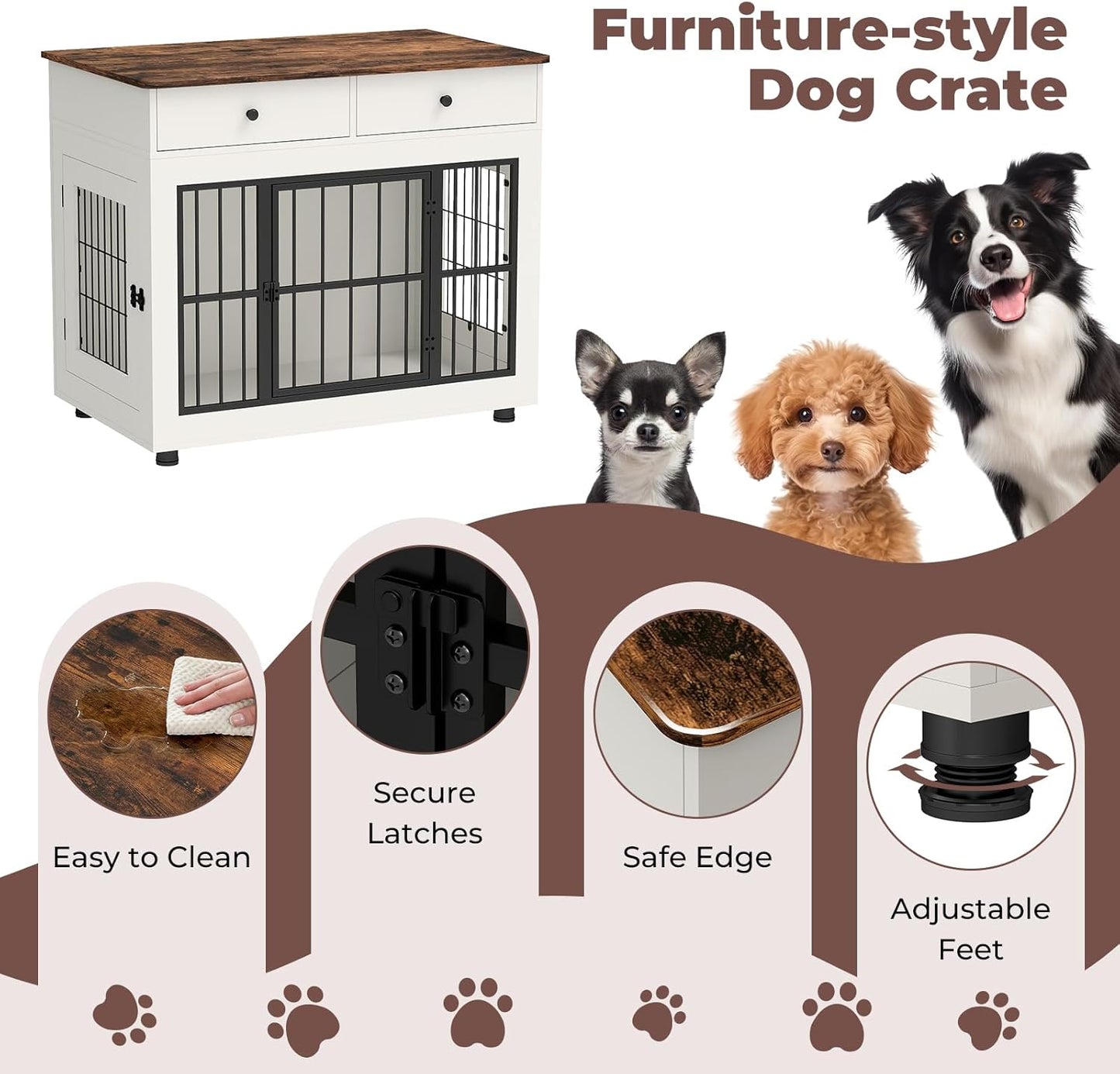 Farmhouse Dog Crate Furniture- 40 inch Dog Kennel with Drawers-Heavy Duty End Table Wooden Pet Crate, Decorative Dog House Indoor for Small Medium Large Dog, White