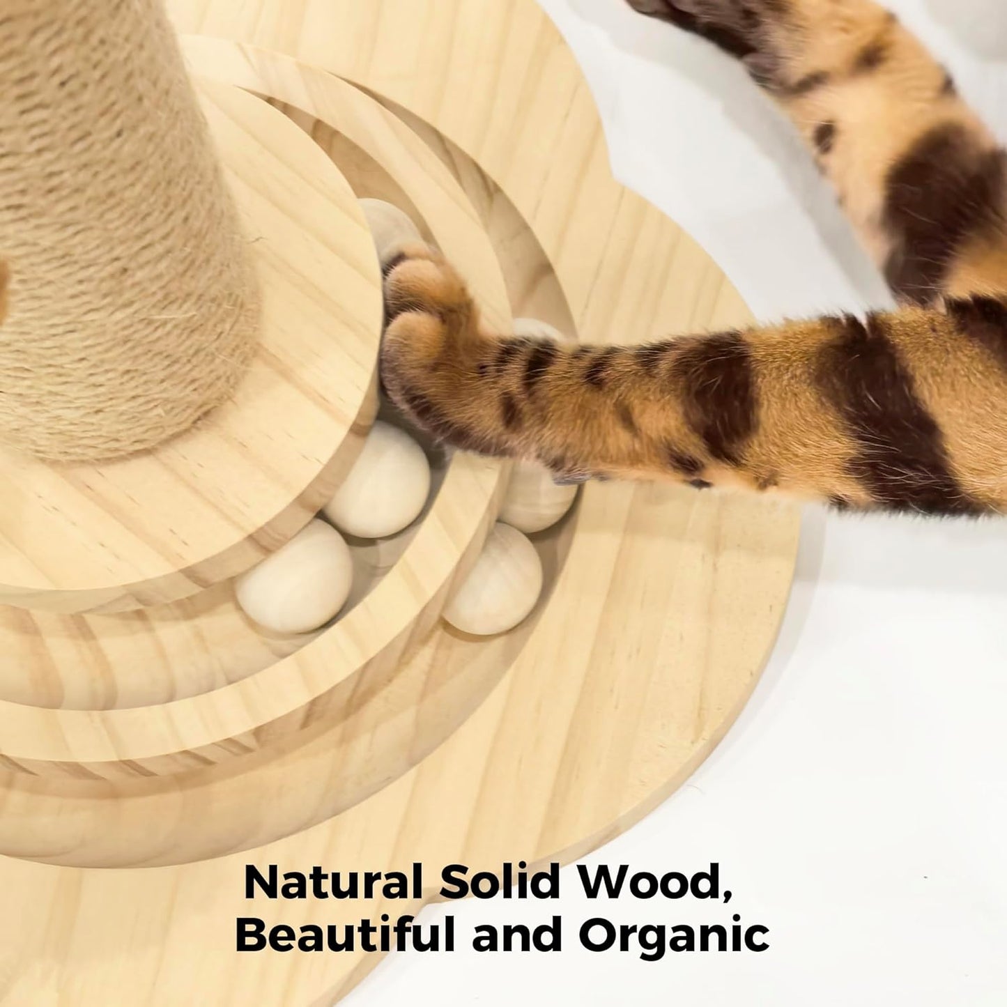TINYBEAST Wooden Cat Scratching Post fot Kittens, 4 in 1 Cat Scratcher Toy with Cat Ball Tracks, 18" Tall Sisal Scratch Post for Indoor Kittens, Interactive Feather Toy and 2 Sisal Hanging Balls