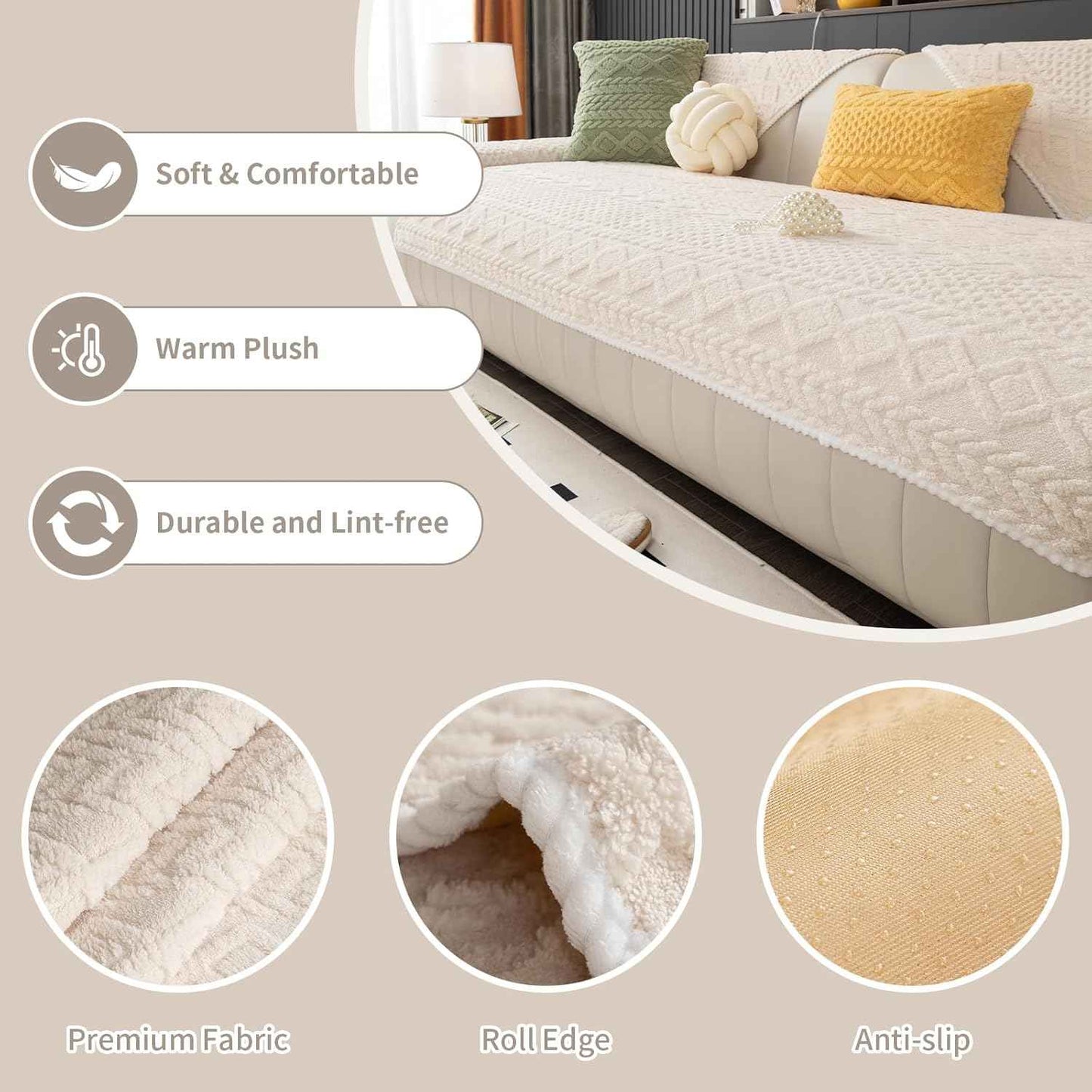 Geometric Jacquard Plush Warm Sofa Couch Cover, Soft Funny Fuzzy Couch Covers, Non Slip Sectional Sofa Slipcover, Cozy Washable Furniture Protector for Kids, Pets (Beige White, 36"x 94")