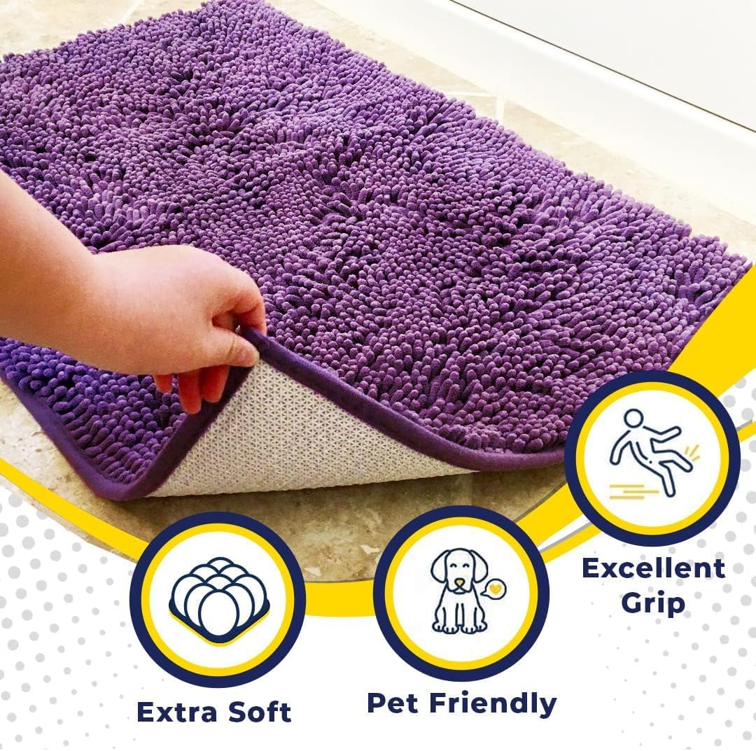 Muddy Mat® AS-SEEN-ON-TV Highly Absorbent Microfiber Door Mat and Pet Rug, Non Slip Thick Washable Area and Bath Mat Soft Chenille for Kitchen Bathroom Bedroom Indoor and Outdoor - Purple 24" x 120"