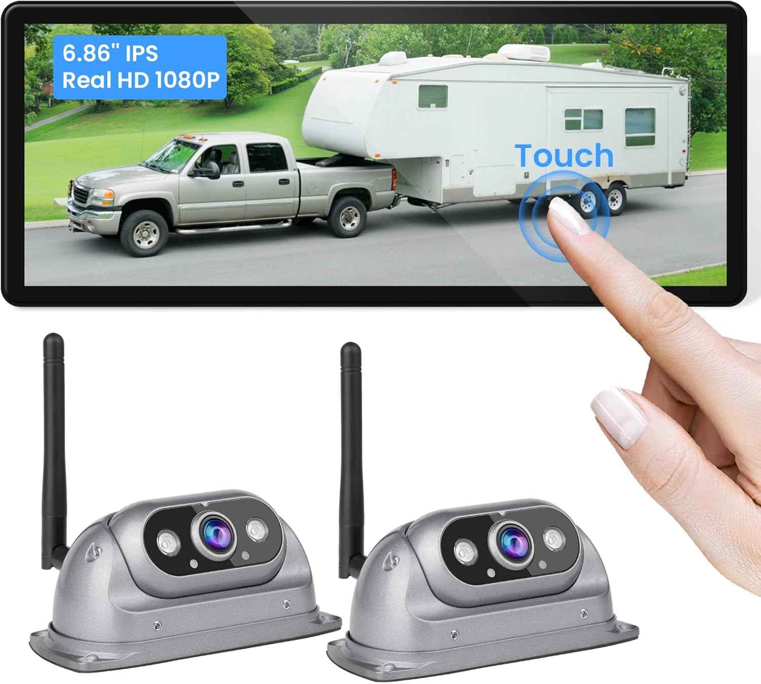 RV Wireless Backup Camera with High Performance 6.86 Inch Touch Monitor 1080P 2 Rear View Cameras with IR Night Vision 4 Channels IP69K Waterproof Reverse Camera for Truck Trailer Camper Tractor