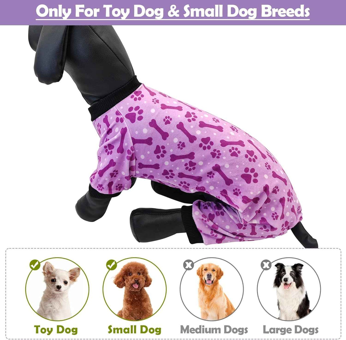 PET SHOW 4 Pack Small Dog Pajamas Paw Bone Patterns Cute Clothes for Medium Dogs Soft Fleece Stretchy PJs 4 Legged Jumpsuit Puppy Cats Onesies Outfits with Sleeve Dachshund Doggies Girl Boy (XX-Large)