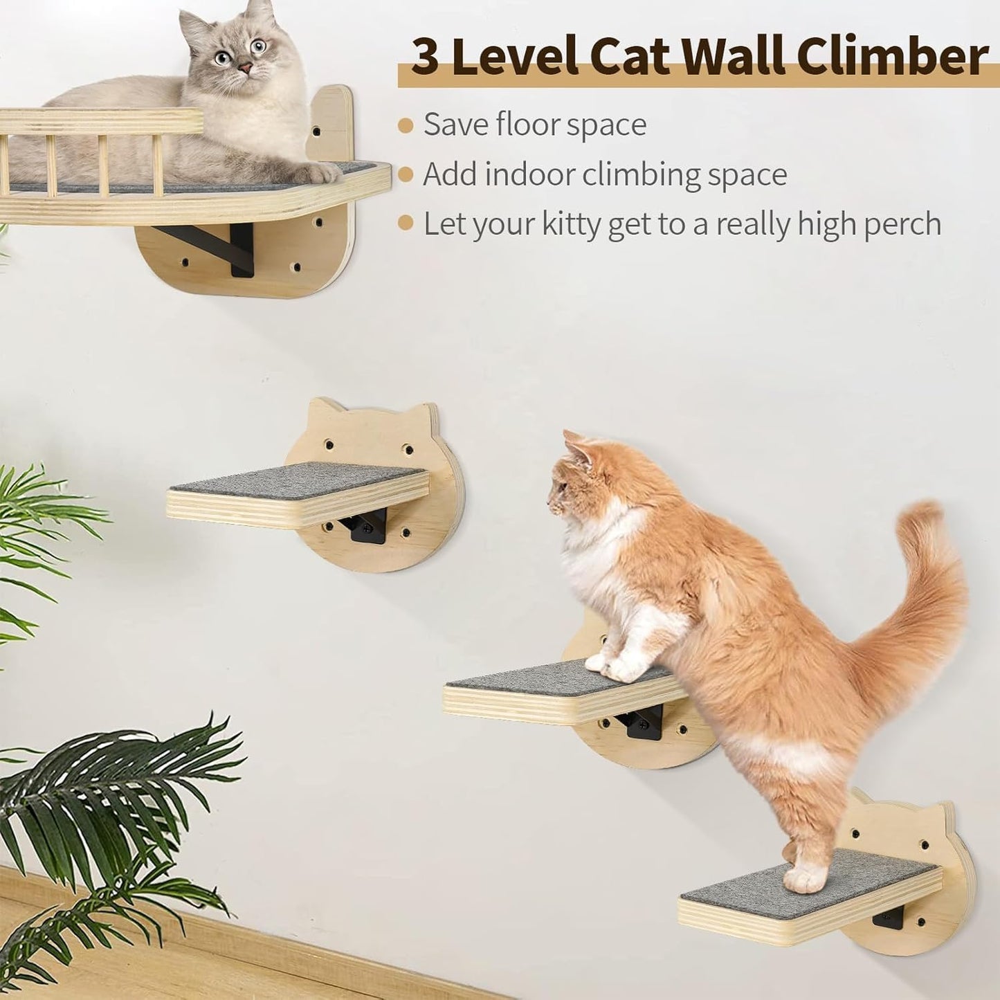 Cat Wall Shelves Furniture Set with Scratching Pad，Wooden Cat Climbing Wall Systems with 2 Perches and 3 Steps, Floating Shelves Bed Wall Mounted for Indoor Fit Up to 15Lbs (Burlywood)