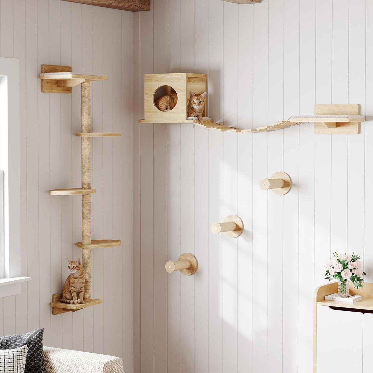 HOOBRO Wood Cat Wall Shelves for Large Cats, 11-Piece Cat Wall Furniture, Wall-Mounted Shelves with House, Hammock, Ladder, Scratching Posts and Step, Climbing Wall for Multiple Cats, Natural NL46CS03