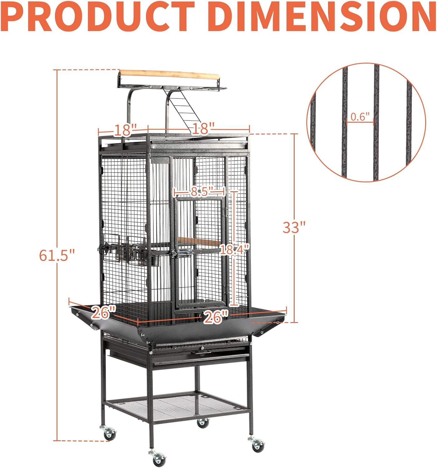 VINGLI 65-Inch Wrought Iron Bird Cage with Playtop | Durable Large Flight Cage with Ladder & Rolling Stand for Parrots, Cockatiels, Budgies, Lovebirds, Small/Medium Birds