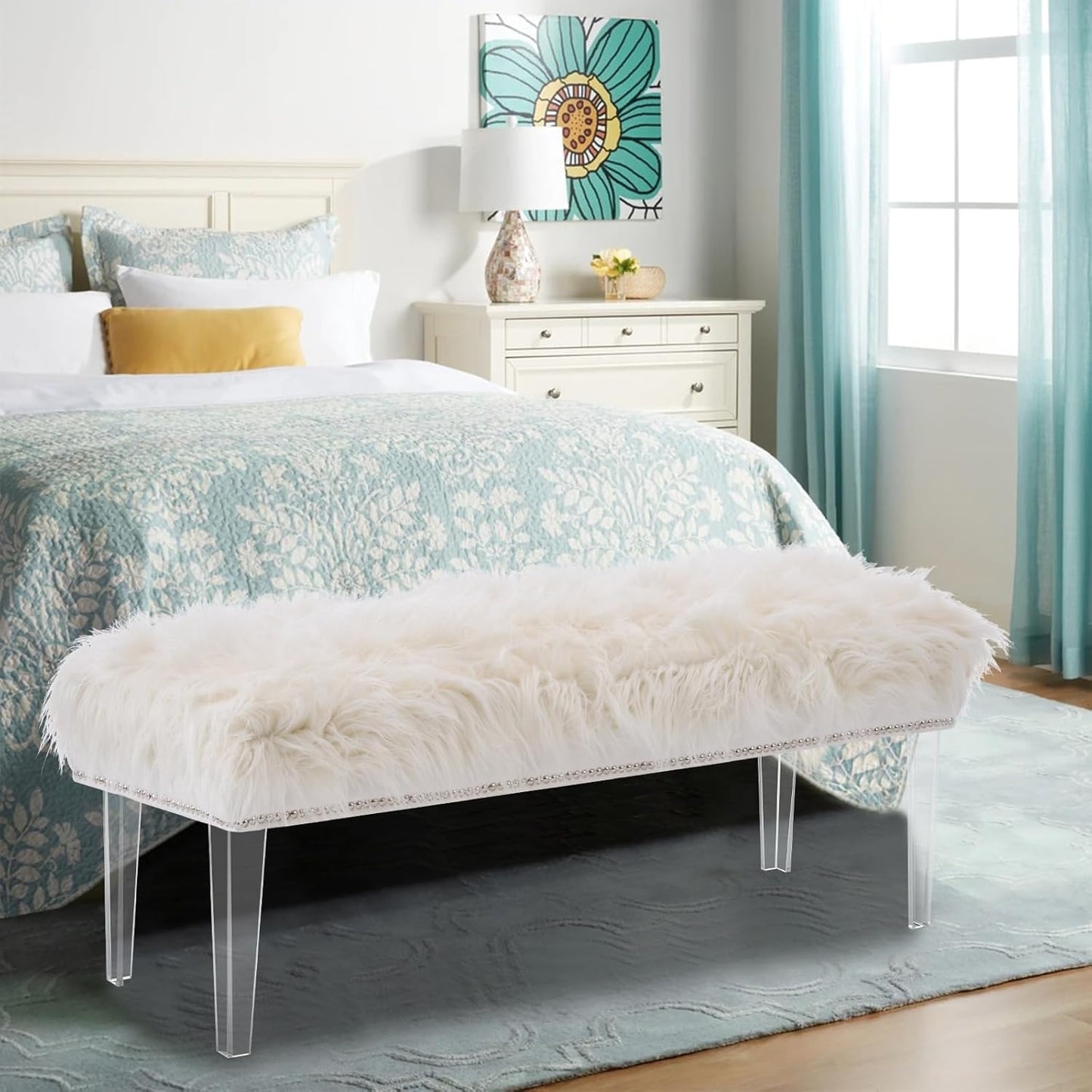 46 Inch White Bedroom Bench, Benches for Bedroom White Faux Fur Upholstered Bed end Bench, Tufting Ottoman Bench Indoor Bench with Acrylic Legs for Living Room Bedroom Entryway