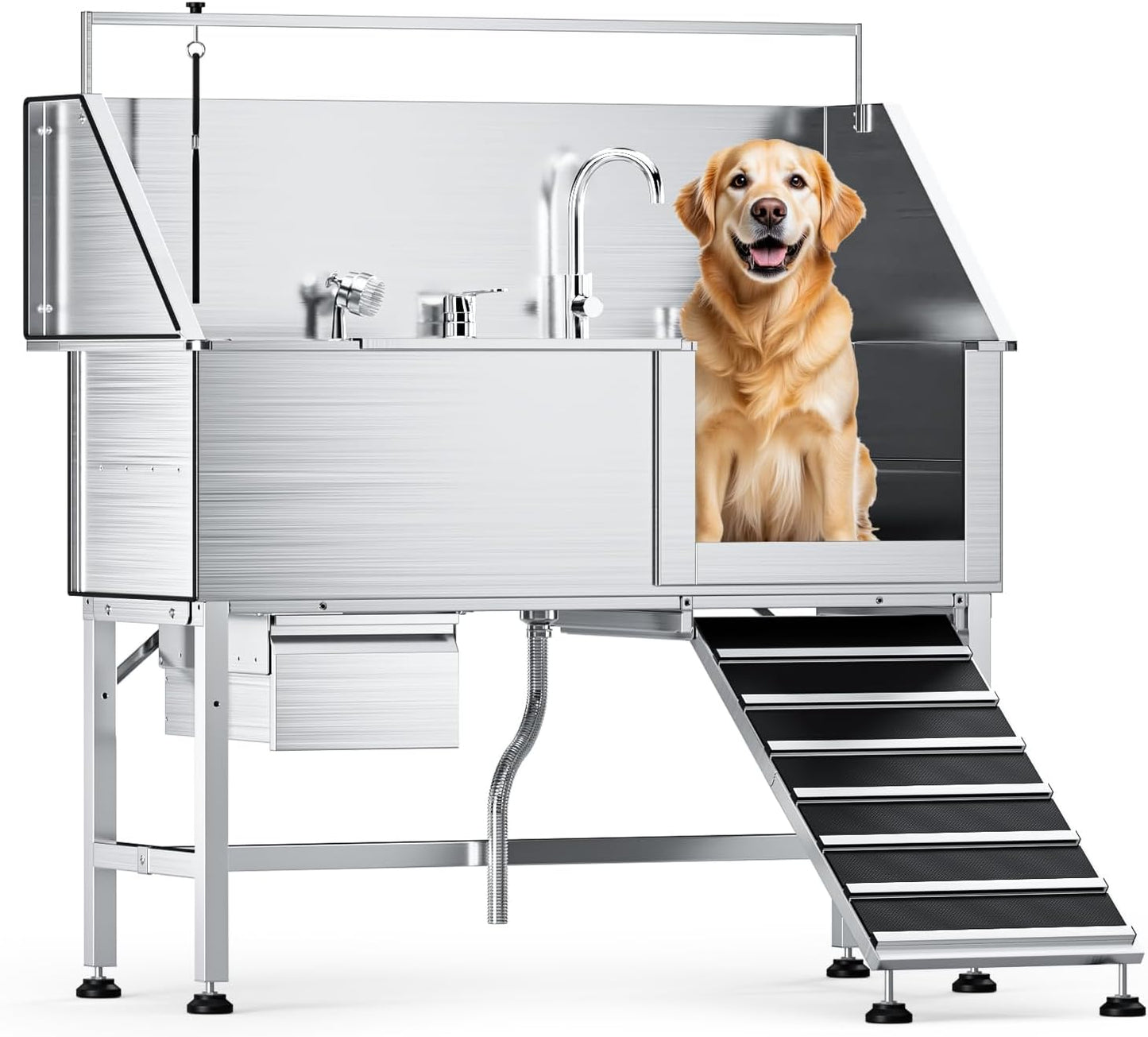 Dog Washing Station,Professional 56" Stainless Steel Dog Bathing Station for Large Dog Height Adjustable Dog Wash Station for Home Dog Grooming Tub With Drawer, Floor Grate & Fauct (Right Ramp)