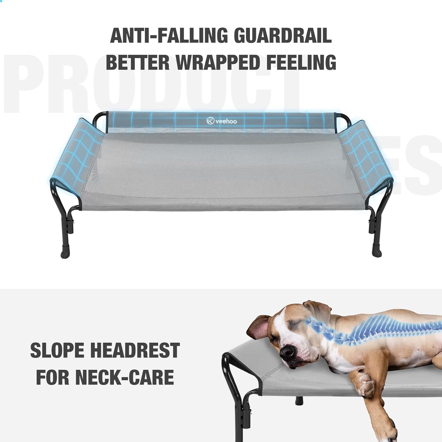 Veehoo Cooling Elevated Dog Bed, Raised Pet Cot with Guardrail & Slope Headrest, Durable Breathable Teslin Mesh, Non-Slip Feet, Washable Dog Couch Bed for Indoor & Outdoor, Medium 39.5" x 28", Gray