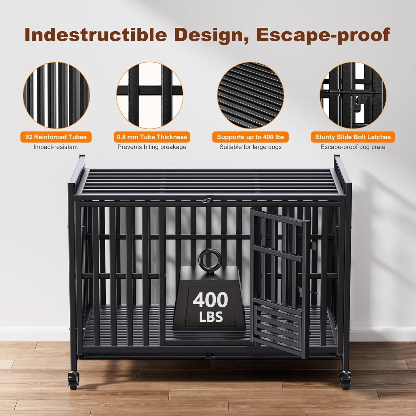 Heavy Duty Dog Crate, Reinforced Thickened Steel Frame Indestructible Kennel for Large & High Anxiety Dogs, Escape Proof Design with 3 Doors, 4 Lockable Wheels and 2 Removable Trays (48 Inch)