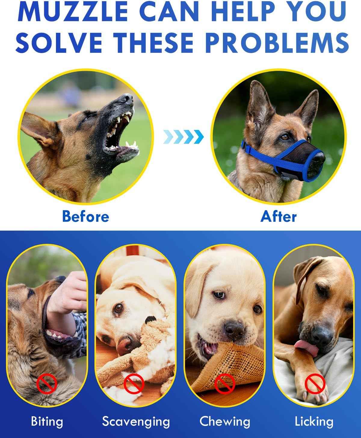 Dog Muzzle, Soft Air Mesh Muzzles for Medium Sized Dogs, Breathable Dog Mussels for Scavenging Biting Licking & Barking, Adjustable Mouth Guard for Grooming, Allows Panting and Drinking (Blue,M)