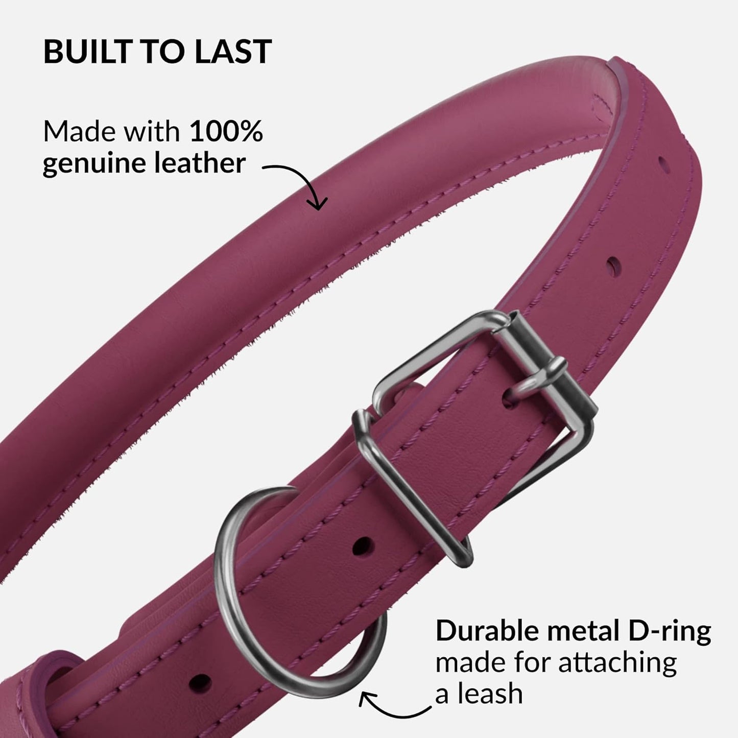 CollarDirect Rolled Leather Dog Collar, Soft Padded Round Puppy Collar, Handmade Genuine Leather Collar Dog Small Large Cat Collars 13 Colors (18-22 Inch, Pink Smooth)