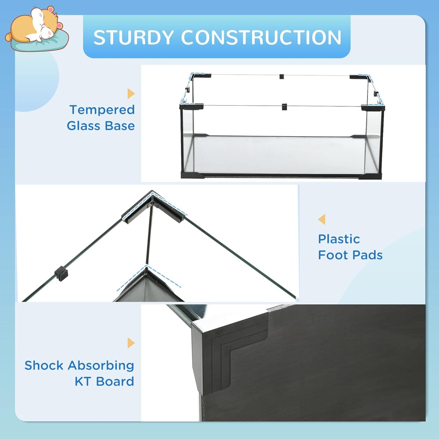 PawHut Large Hamster Cage with Deep Tempered Glass Bottom, 3 Tiers Hamster Tank with Running Wheel, Hut, Water Bottle, Dish, Rat Cage for Syrian, Dwarf, Gerbils, Mouse, 23.5" x 16" x 22.5", Black