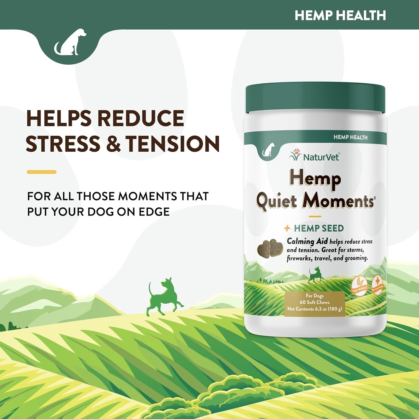 NaturVet Quiet Moments Plus Hemp Calming Aid Soft Chews for Dogs, Count of 60, 60 CT
