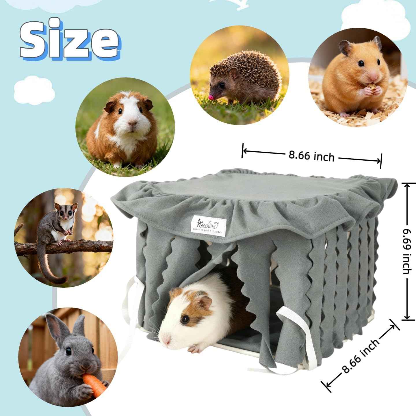 Guinea Pig Hideout & Hamster Bed Machine Washable Small Animal Bed Cage Accessories for Hamster Bunny Ferret Chinchilla Hedgehog Bearded Dragon and Rat (Grey)