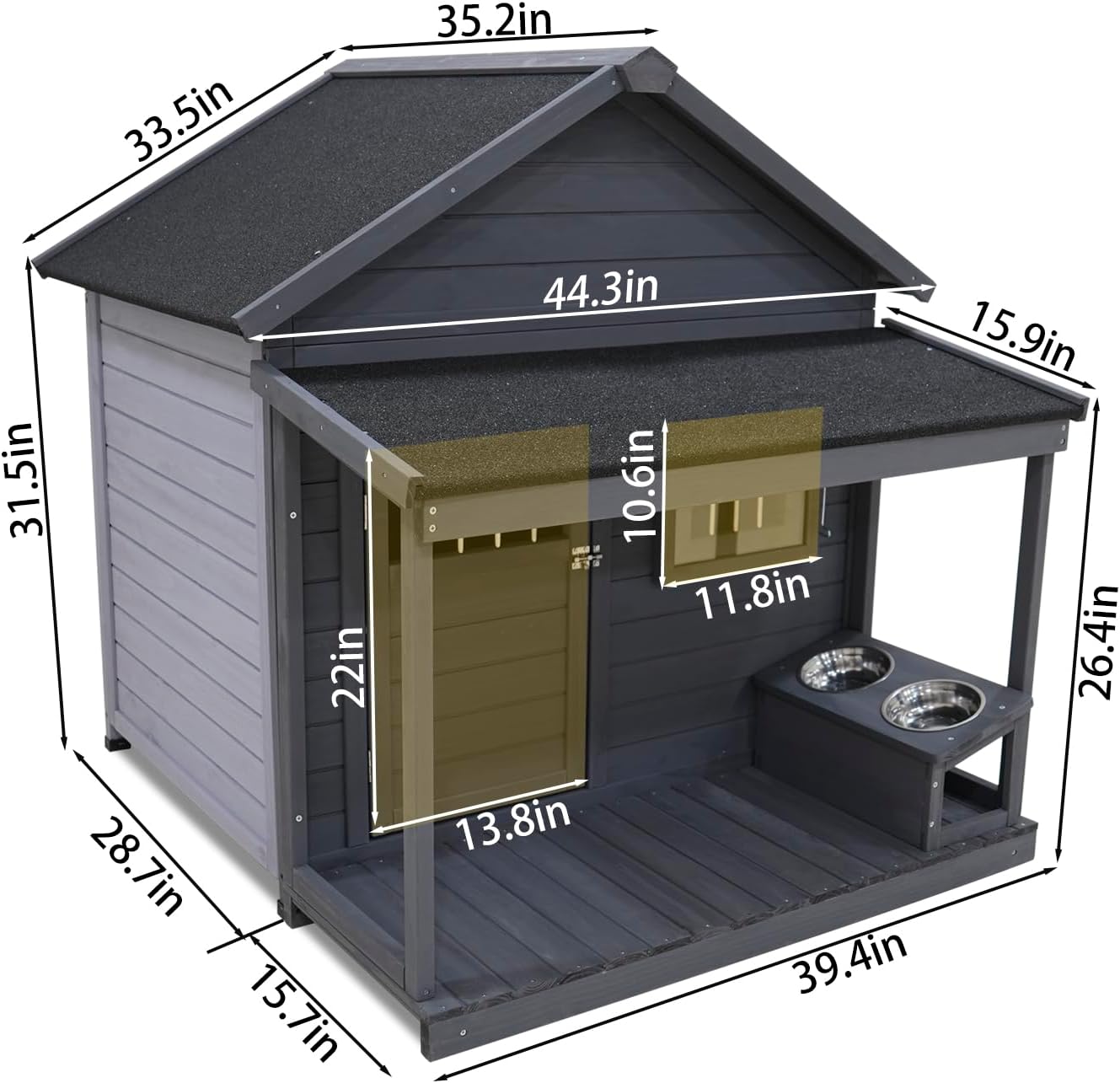 Large Outdoor Dog House, 44.2 x 44.6 x 44.6 inches, Weatherproof Wood Construction with Asphalt Roof, Covered Terrace, Gray(00004)