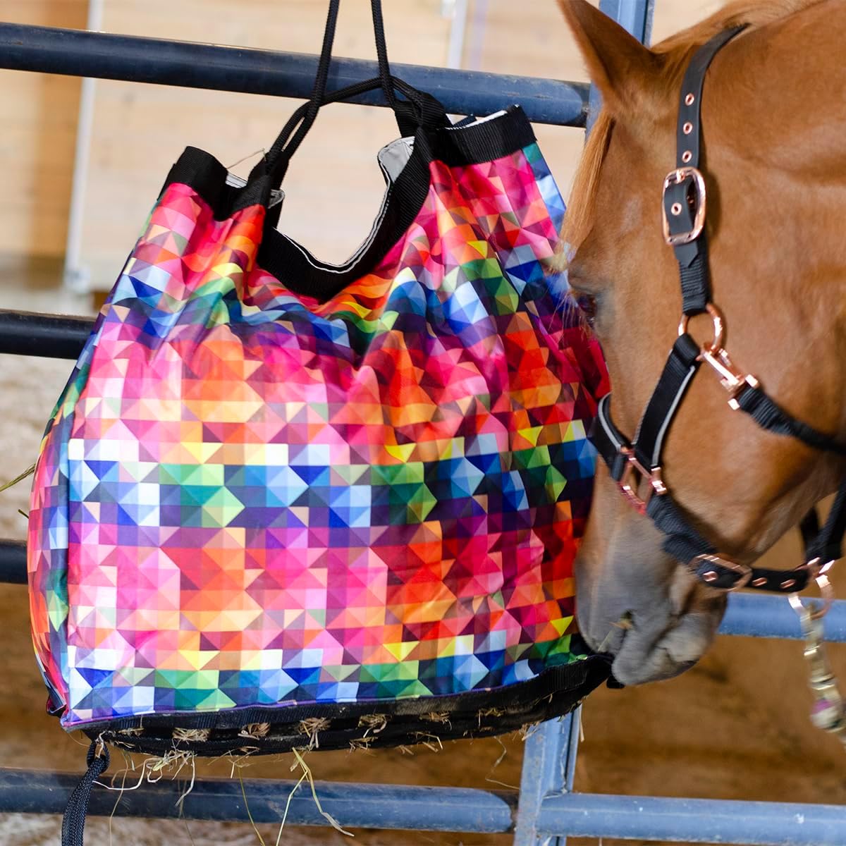 Derby Originals Scratchless Slow Feeder Horse Hay Bag with Super Tough Bottom and 6 Month Warranty (Black with Turquoise Trim)
