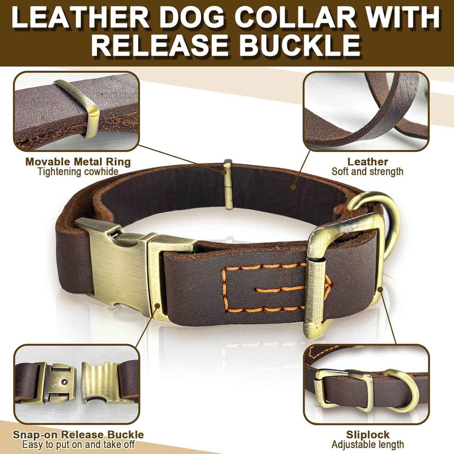Leather Dog Collar with Metal Quick Release Buckle, Soft Genuine Cowhide Heavy Duty Metal Dog Collar Adjustable for Small Medium Large Dogs Pets. (M, Neck 14-22"(Release Buckle))