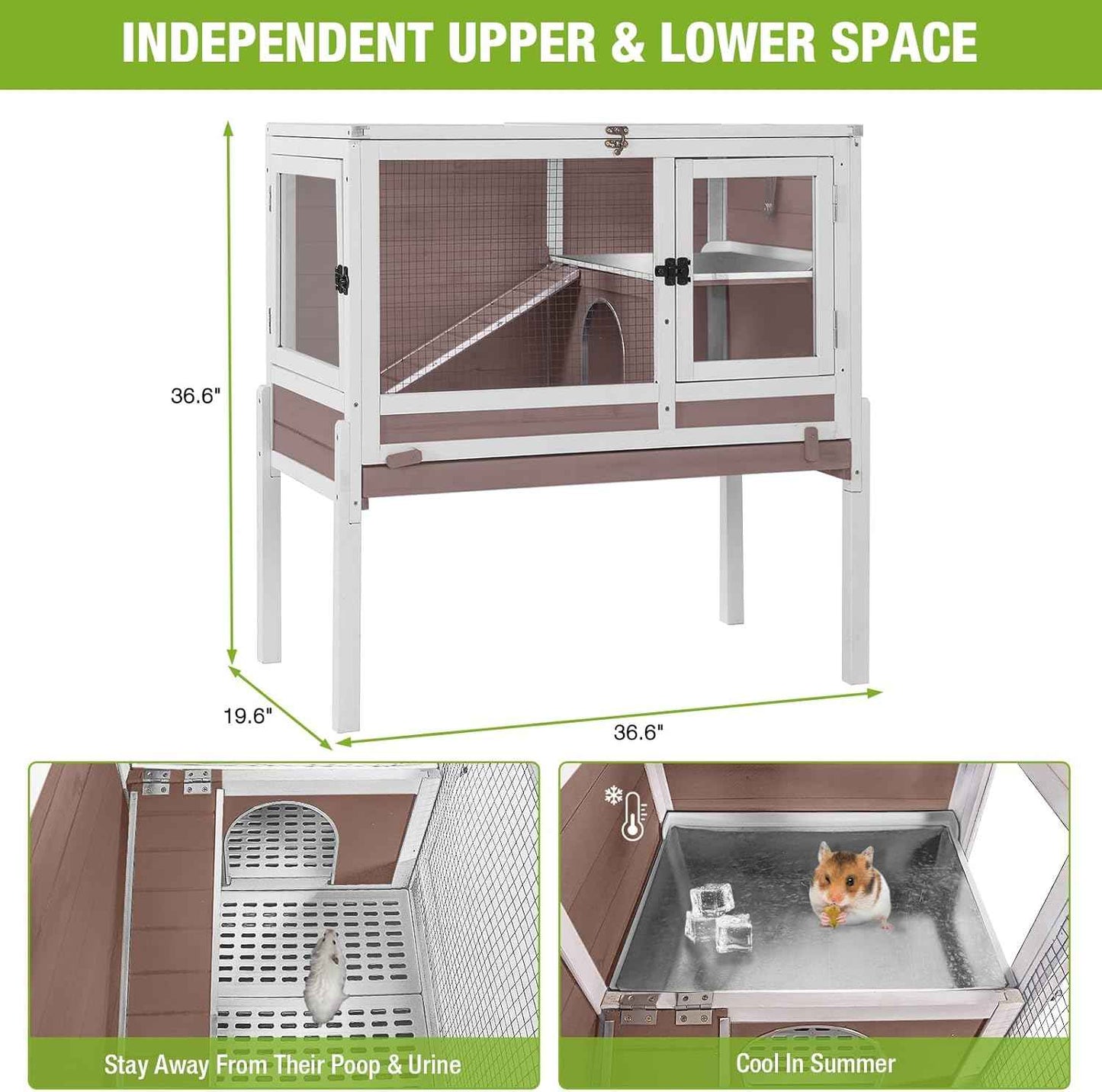 Wooden Guinea Pig Cages Indoor,Two-Story Wooden Rabbit Cage Hutch with Removable Stand and Pull Out Tray, Small Animals Cage Habitat with Ramp and Plastic Mesh(Brown&White)