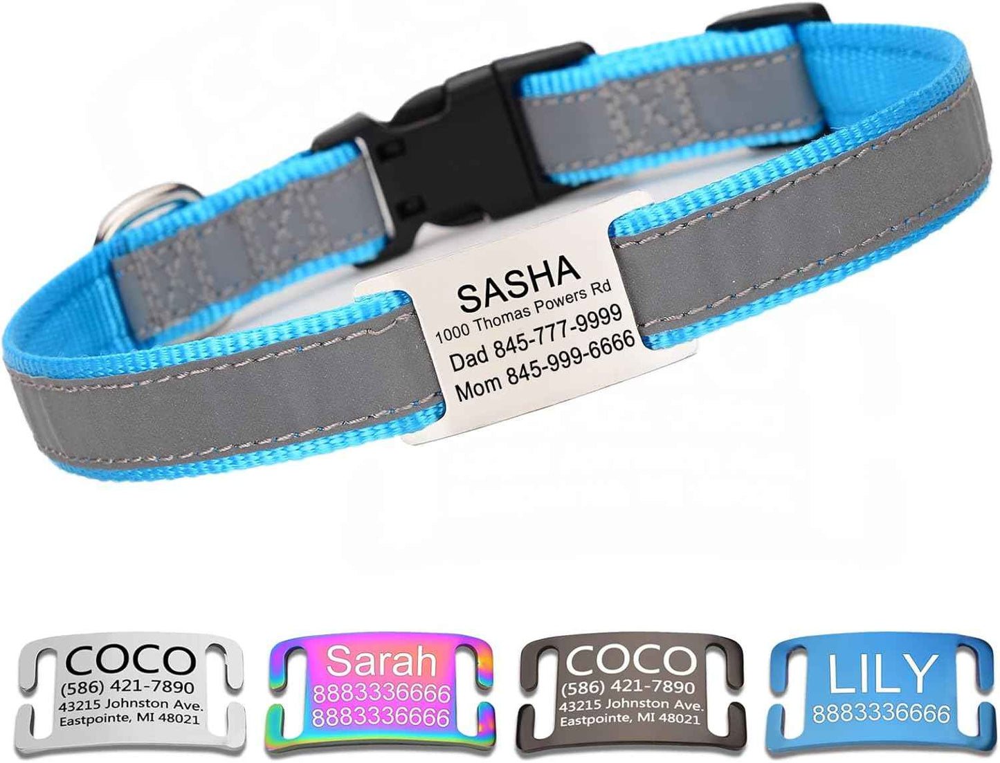 Reflective Personalized Dog Collar with Name Plate,Adjustable Custom Engraved Pet Name and Phone Number Collar,Silent Slide On Stainless Steel Pet Tag for Dogs,Sky Blue