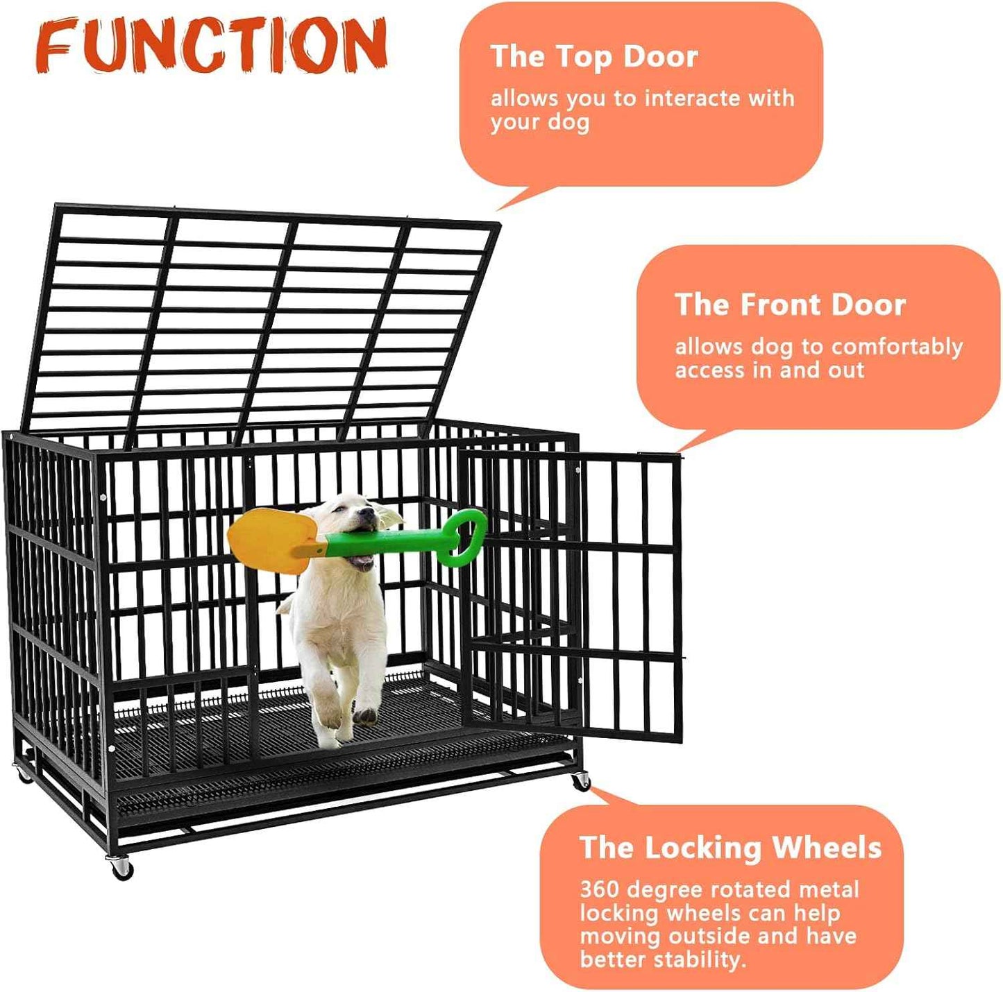 LEMBERI 48/38 inch Heavy Duty Indestructible Dog Crate, Escape Proof Dogs Cage Kennel with Lockable Wheels,High Anxiety Double Door Kennel,Extra Large Crate Indoor for Large Dog with Removable Tray