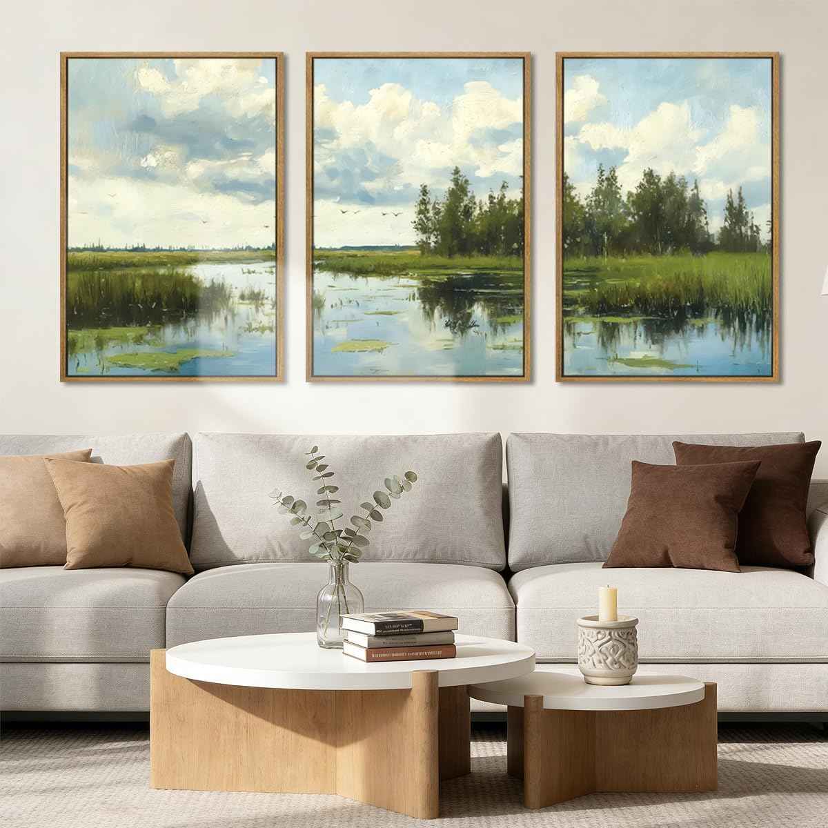 BINCUE Framed Green Nature Wall Art Lake Scenery Wall Decor Landscape Art Print for Living Room Bedroom Office 16 x24 Inches Set of 3