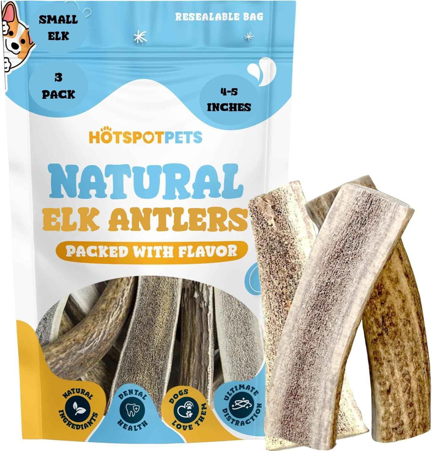 Small Premium Split Elk Antlers for Dogs - 4''-5'' Inch Long Dog Chews (3 Pack) Naturally Shed Antler Bone for Small Breed Aggressive Chewers - Made In USA -Odorless- Promotes Dental Hygiene (3 Pack)