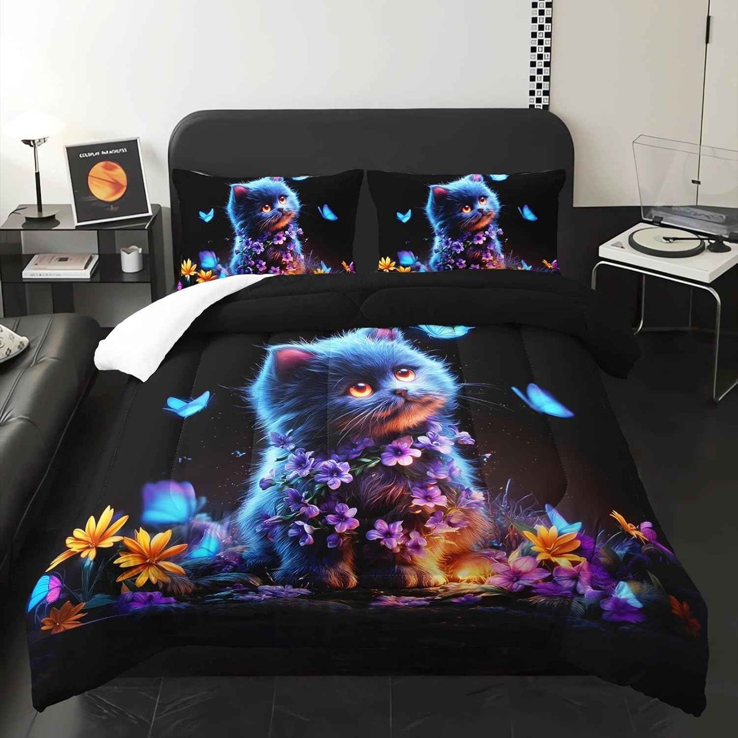 Blue Cat Themed Comforter 3Pcs Twin Mysterious Animal Pet Cat Kitten Butterfly Bedding Set for Kid Teen Girl Boy Adult Dreamy Aesthetics Floral Quilt Bed Decor with 1 Comforter & 2 Pillowcases
